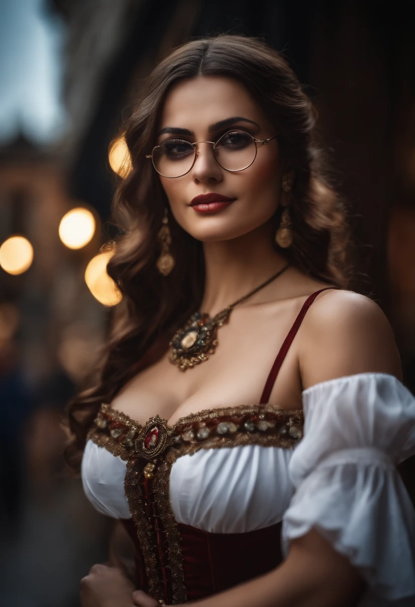 medium shot photo of a mix of (zainabt:0.8), women with glasses, and (santa costume:0.5) sks woman, (big cleavage:1.1), intricate steampunk+ city, evening, dark, atmospheric, mist, best quality masterpiece, photorealistic, detailed, 8k, HDR, shallow depth of field, broad light, high contrast, backlighting, bloom, light sparkles, chromatic aberration, sharp focus, RAW color photo,