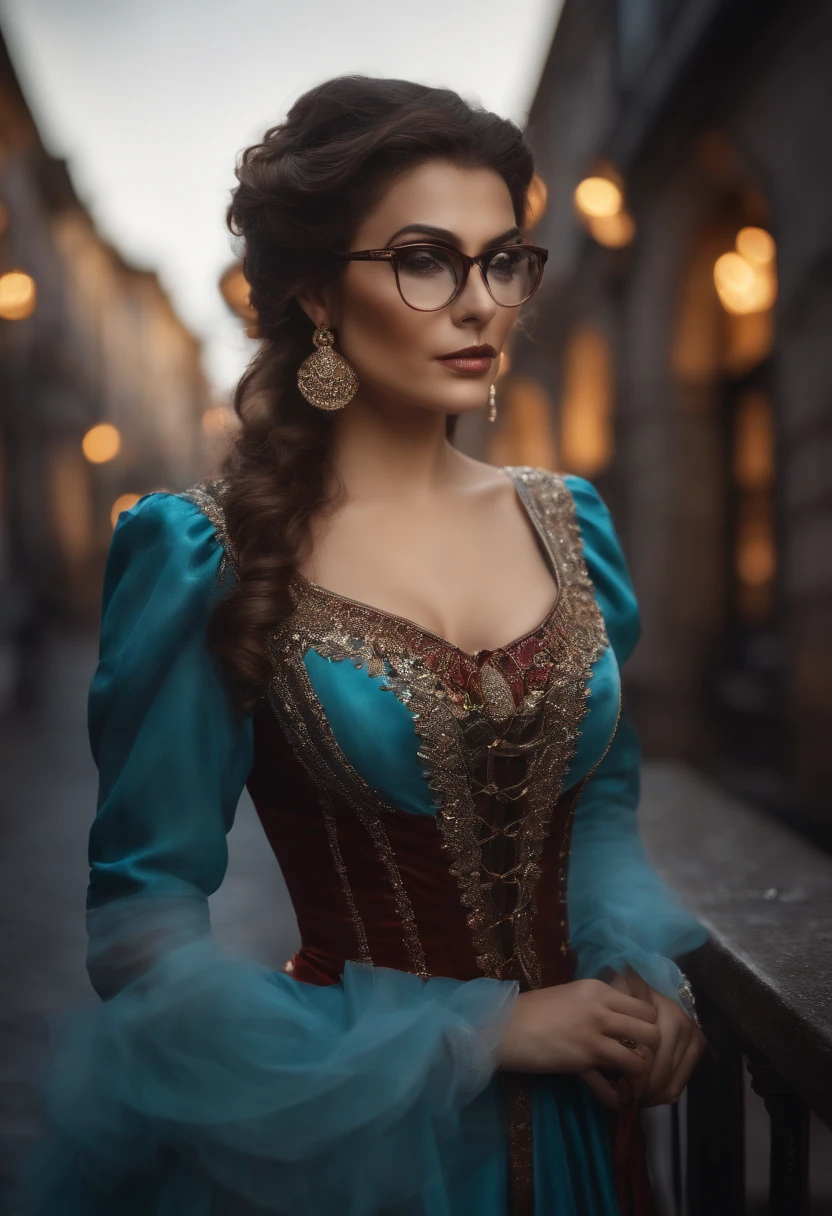 medium shot photo of a mix of (zainabt:0.8), women with glasses, and (santa costume:0.5) sks woman, (big cleavage:1.1), intricate steampunk+ city, evening, dark, atmospheric, mist, best quality masterpiece, photorealistic, detailed, 8k, HDR, shallow depth of field, broad light, high contrast, backlighting, bloom, light sparkles, chromatic aberration, sharp focus, RAW color photo,