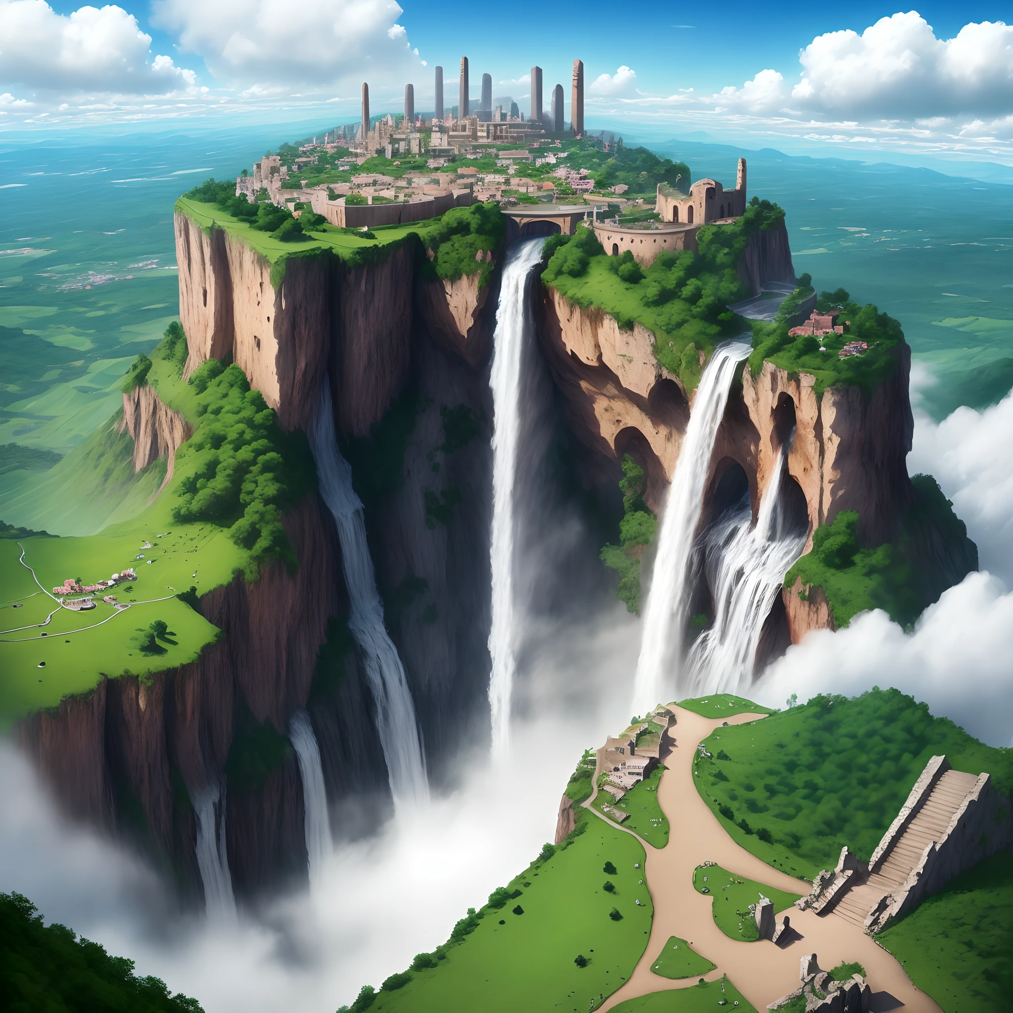 land that is in the clouds where there are ruins and beautiful waterfalls and towns