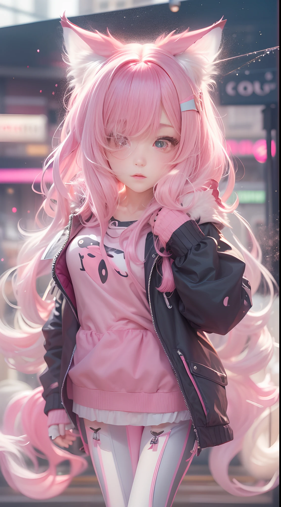 Best Quality, Masterpiece, 8k, RAW, Pink Silk Cat Ear Girl, Cute, Shy, pink long hair, playful, soft light, pink Cute Clothing,(Full-body portrait), (Particles:1.2), City Background