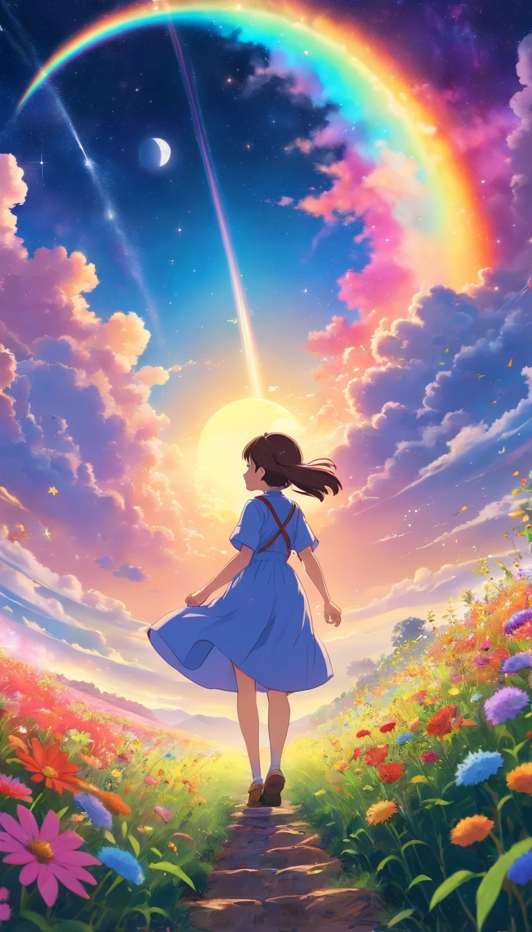 A wide landscape photo, (viewed from below, the sky is above, and the open field is below), a girl standing on a flower field looking up, (full moon: 1.2), (meteor: 0.9), (nebula: 1.3), distant mountains , Trees BREAK Crafting Art, (Warm Light: 1.2), (Firefly: 1.2), Lights, Lots of Purple and Orange, Intricate Details, Volumetric Lighting BREAK (Masterpiece: 1.2), (Best Quality), 4k, Ultra Detailed, (Dynamic Composition: 1.4), Rich in Detail and Color, (Rainbow Color: 1.2), (Glow, Atmospheric Lighting), Dreamy, Magical, (Solo: 1.2)