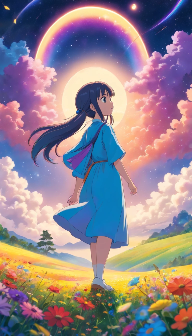 A wide landscape photo, (viewed from below, the sky is above, and the open field is below), a girl standing on a flower field looking up, (full moon: 1.2), (meteor: 0.9), (nebula: 1.3), distant mountains , Trees BREAK Crafting Art, (Warm Light: 1.2), (Firefly: 1.2), Lights, Lots of Purple and Orange, Intricate Details, Volumetric Lighting BREAK (Masterpiece: 1.2), (Best Quality), 4k, Ultra Detailed, (Dynamic Composition: 1.4), Rich in Detail and Color, (Rainbow Color: 1.2), (Glow, Atmospheric Lighting), Dreamy, Magical, (Solo: 1.2)