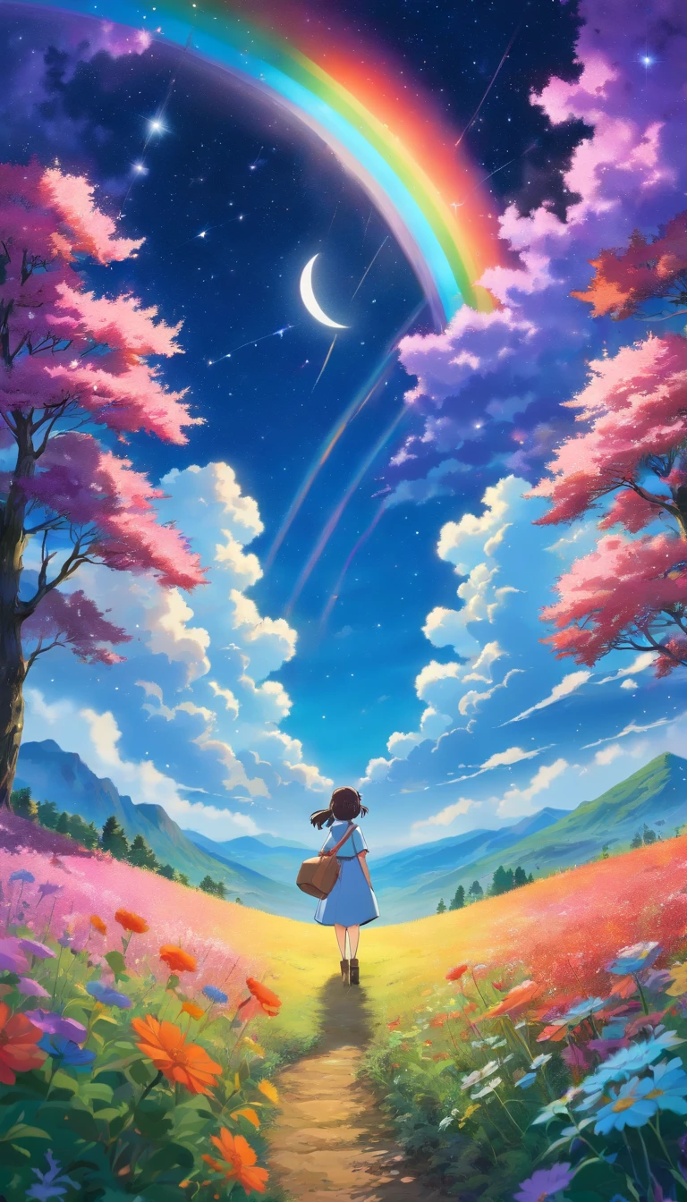 A wide landscape photo, (viewed from below, the sky is above, and the open field is below), a girl standing on a flower field looking up, (full moon: 1.2), (meteor: 0.9), (nebula: 1.3), distant mountains , Trees BREAK Crafting Art, (Warm Light: 1.2), (Firefly: 1.2), Lights, Lots of Purple and Orange, Intricate Details, Volumetric Lighting BREAK (Masterpiece: 1.2), (Best Quality), 4k, Ultra Detailed, (Dynamic Composition: 1.4), Rich in Detail and Color, (Rainbow Color: 1.2), (Glow, Atmospheric Lighting), Dreamy, Magical, (Solo: 1.2)