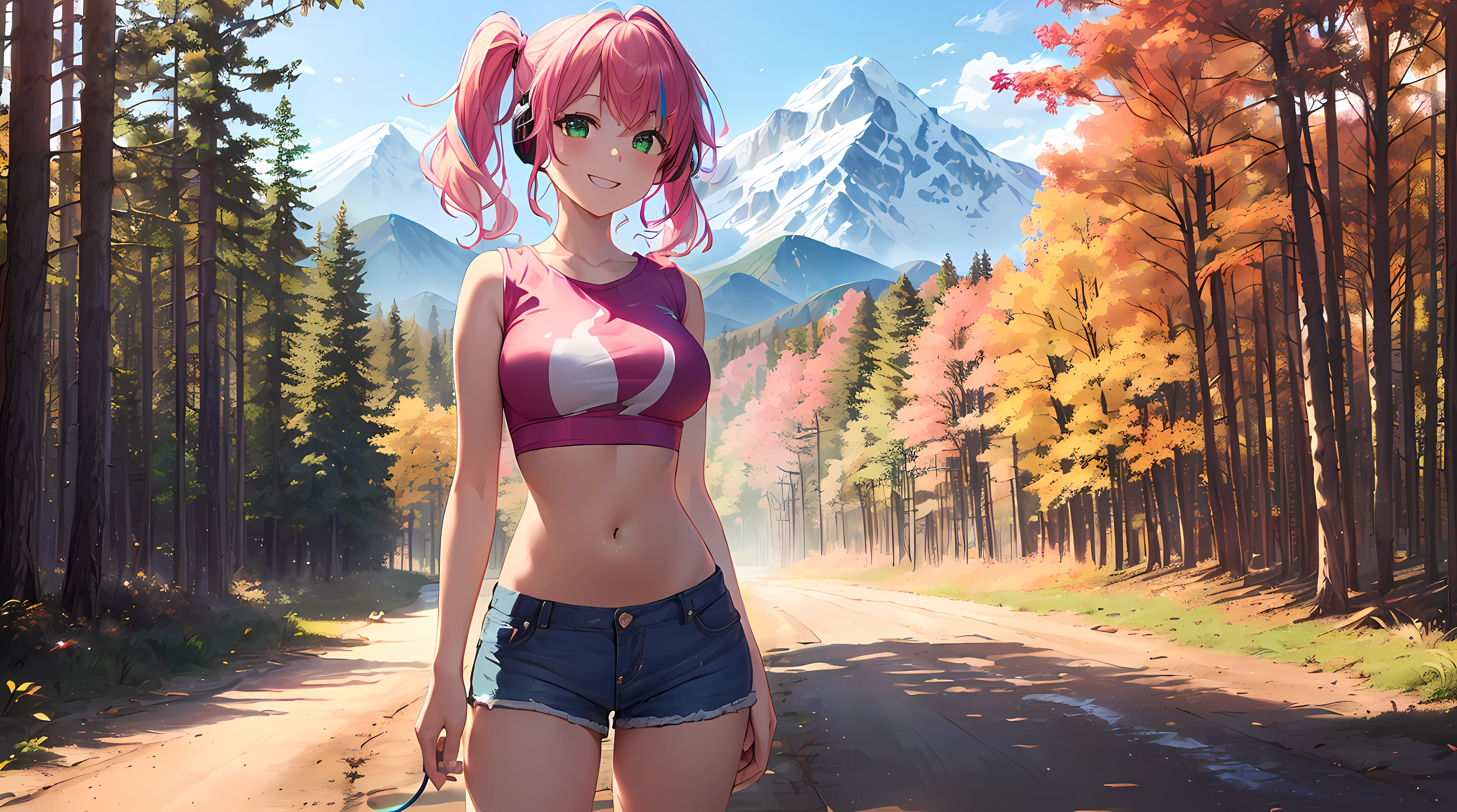 masterpiece, 1girl ((20year old, crop top shirt exposes navel, blue Jean shorts, sneakers, medium breasts, multicolor pink hair, twin ponytails, green eyes, flirting, happy, big smile, looking forward, headphones, standing on a dirt road with mountains and trees in the background, fall season, natural and relaxing atmosphere)) ((solo))