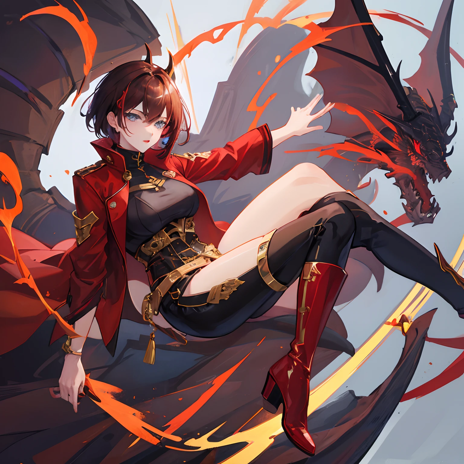 woman, brunette waivy short hair, gold-blue eyes, long boots, red and black outfit modern with oriental elements, dragon horns and dragon tail, red lipstick, in jacket with golden elements