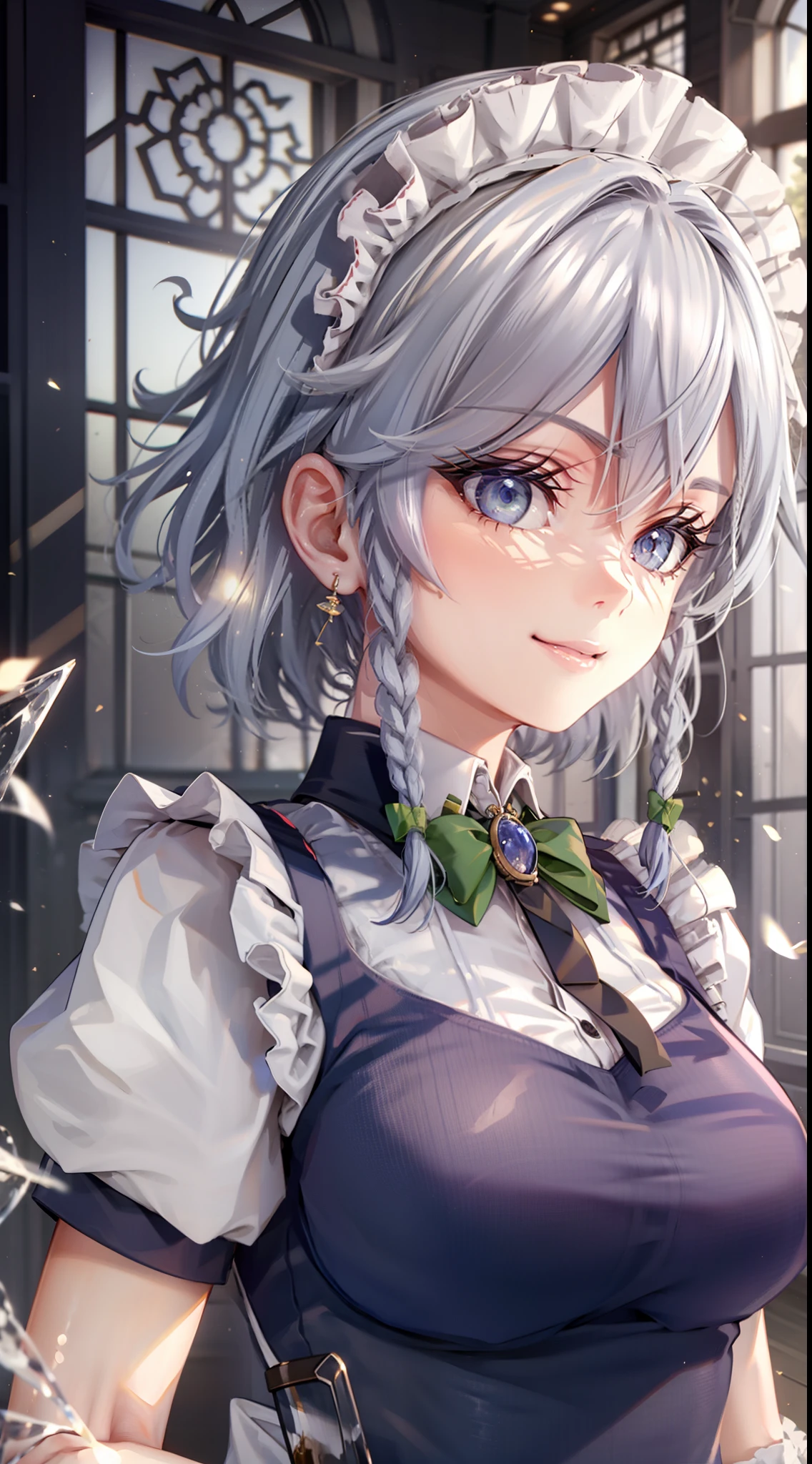 (Unity 16K Wallpaper, masutepiece, Best Quality, Ultra-detailed, extremely details CG, Cinematic lighting, Detailed, Beautiful detailed eyes, Solo),超A high resolution,Fine skin,A sexy,maid, maid apronl, Maid headdress,Knives,Teasing smile,From below,put hands on the hip,Floating hair, Wind, Indoors,