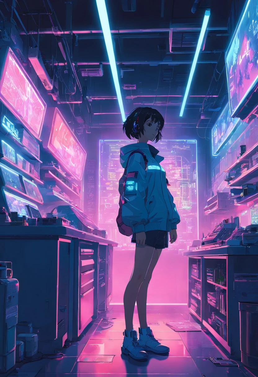 Cyberpunk workshop with white neon lighting