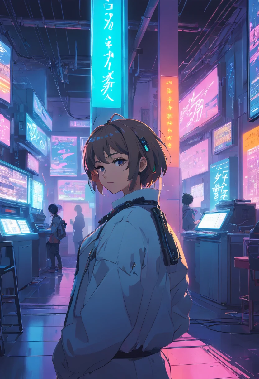 Cyberpunk workshop with white neon lighting