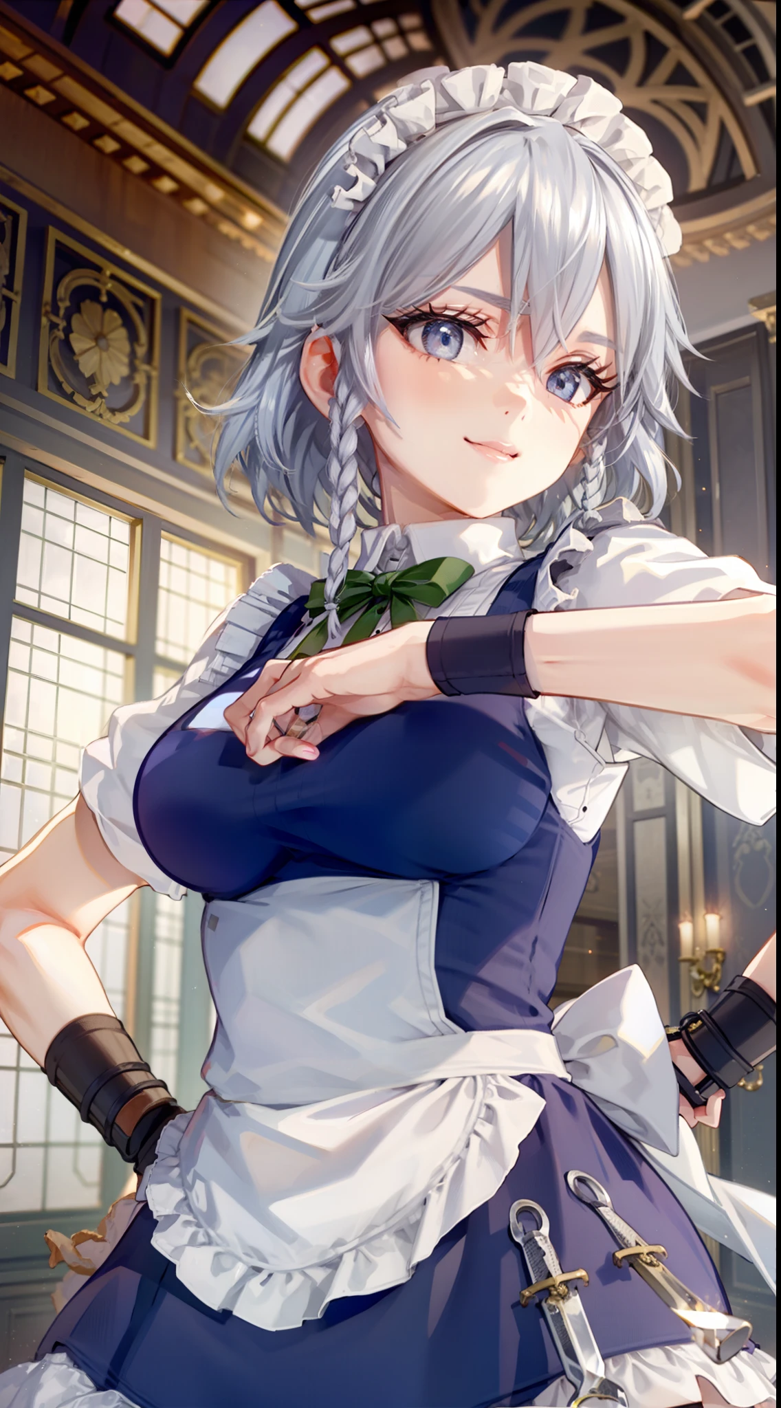 (Unity 16K Wallpaper, masutepiece, Best Quality, Ultra-detailed, extremely details CG, Cinematic lighting, Detailed, Beautiful detailed eyes, Solo),超A high resolution,Fine skin,A sexy,maid, maid apronl, Maid headdress,Knives,Teasing smile,From below,put hands on the hip,Floating hair, Wind, Indoors,