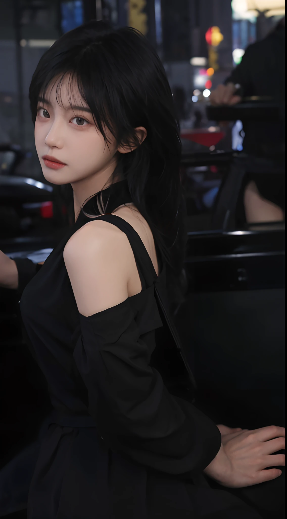 best qualtiy,tmasterpiece,超高分辨率,(realisticlying:1.4),a close up of a woman with long black hair wearing a black dress, Cai Xukun, gorgeous chinese models, Gorgeous young Korean woman, beautiful Korean women, yanjun cheng, xintong chen, ruan jia beautiful!, Beautiful young Korean woman,