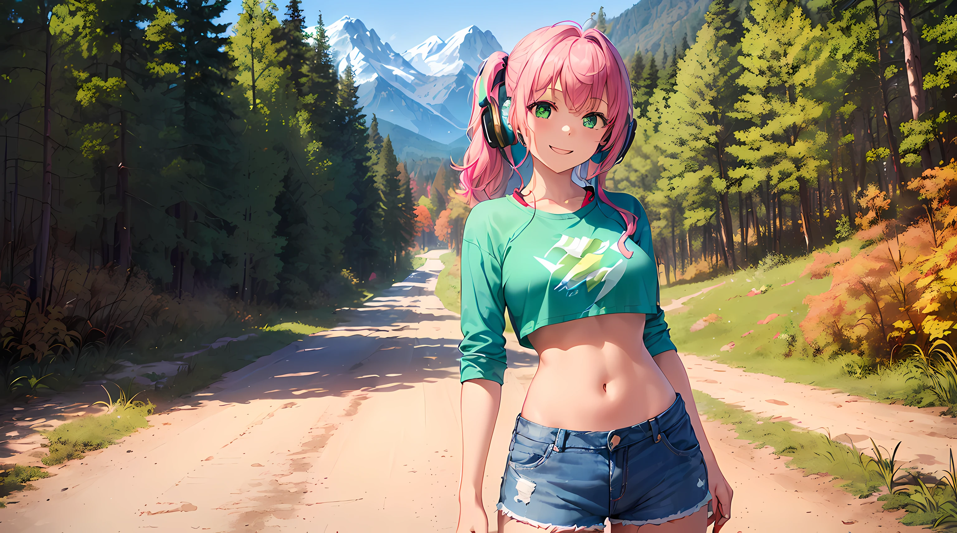 ​masterpiece, 1girl ((20year old, crop top shirt exposes navel, blue Jean shorts, sneakers, medium breasts, multicolor pink hair, twin ponytails, green eyes, flirting, happy, big smile, looking forward, headphones, standing on a dirt road with mountains and trees in the background, fall season, natural and relaxing atmosphere)) ((solo))