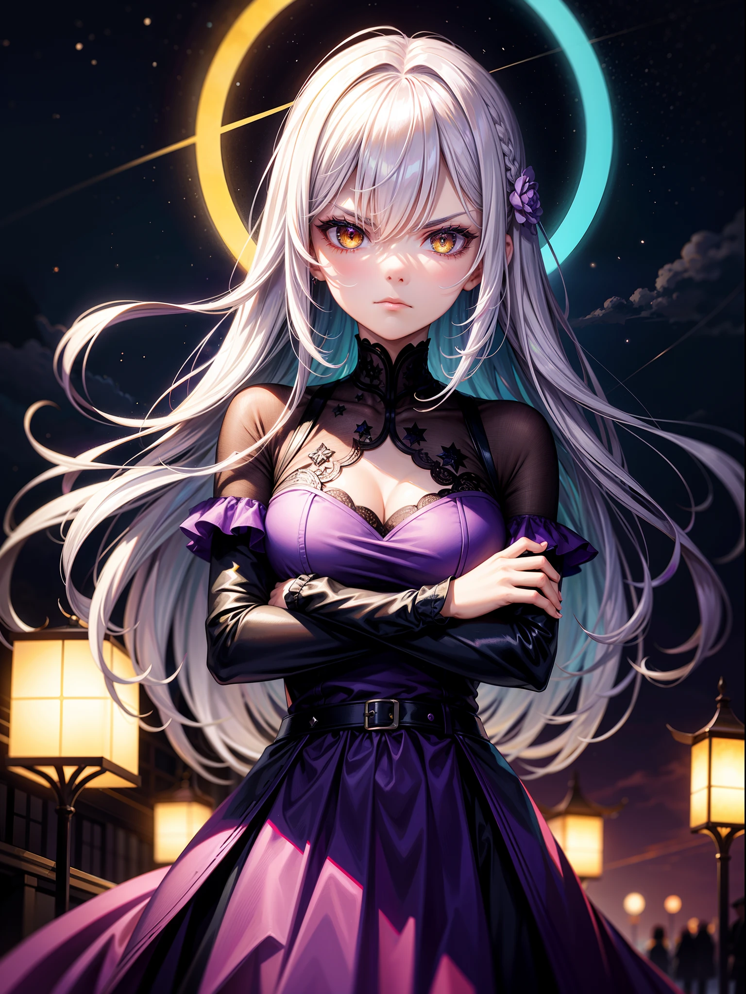 vibrant colors, girl, masterpiece, sharp focus, best quality, depth of field, cinematic lighting, multicolored hair, white hair, purple hair, yellow eyes, outdoors, arms crossed, angry, purple dress, night sky, starry sky