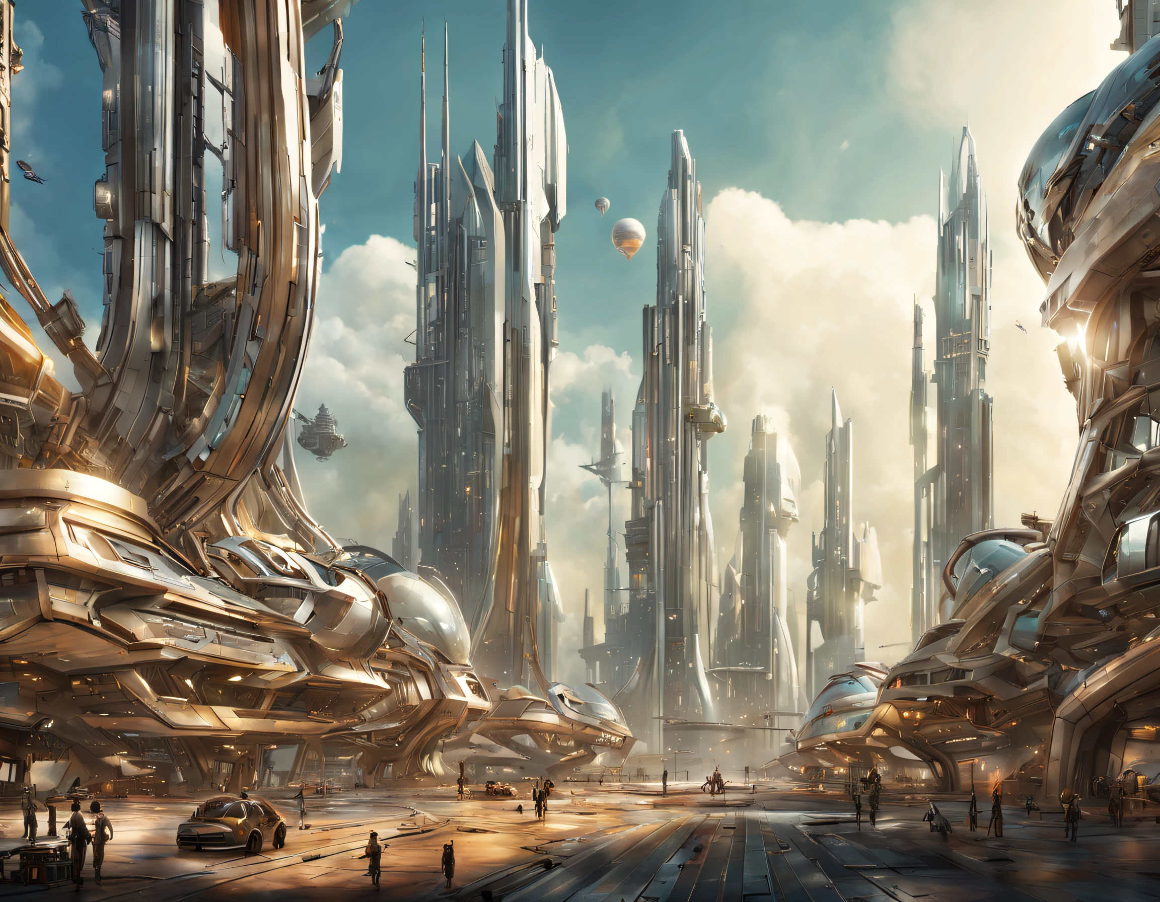 On an unknown planet there is a futuristic city with immense buildings of technological design, con estructuras acristaladas en plata, oro y bronce y maquinarias espectaculares en la que sobrevive un robot femenino espectacular. con colores vivos. pavimento ensolado.