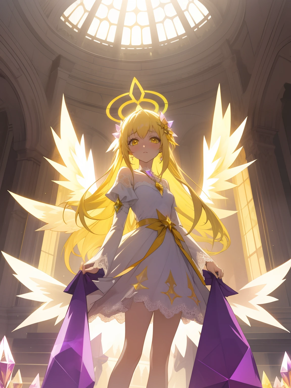 Anime game Arcane Garden's of the Great White Empire - Girl, pale yellow hair, long hair, bright yellow eyes, purple eyeliner, light white dress, yellow diamond pattern on the dress, yellow pattern on the dress, sad, looking at the viewer, purple necklace, lace belt on the leg, purple ribbon in the hair , yellow crystal wings, hexagonal crystals, abandoned palace balcony, crystal plants, sunset rays, halo