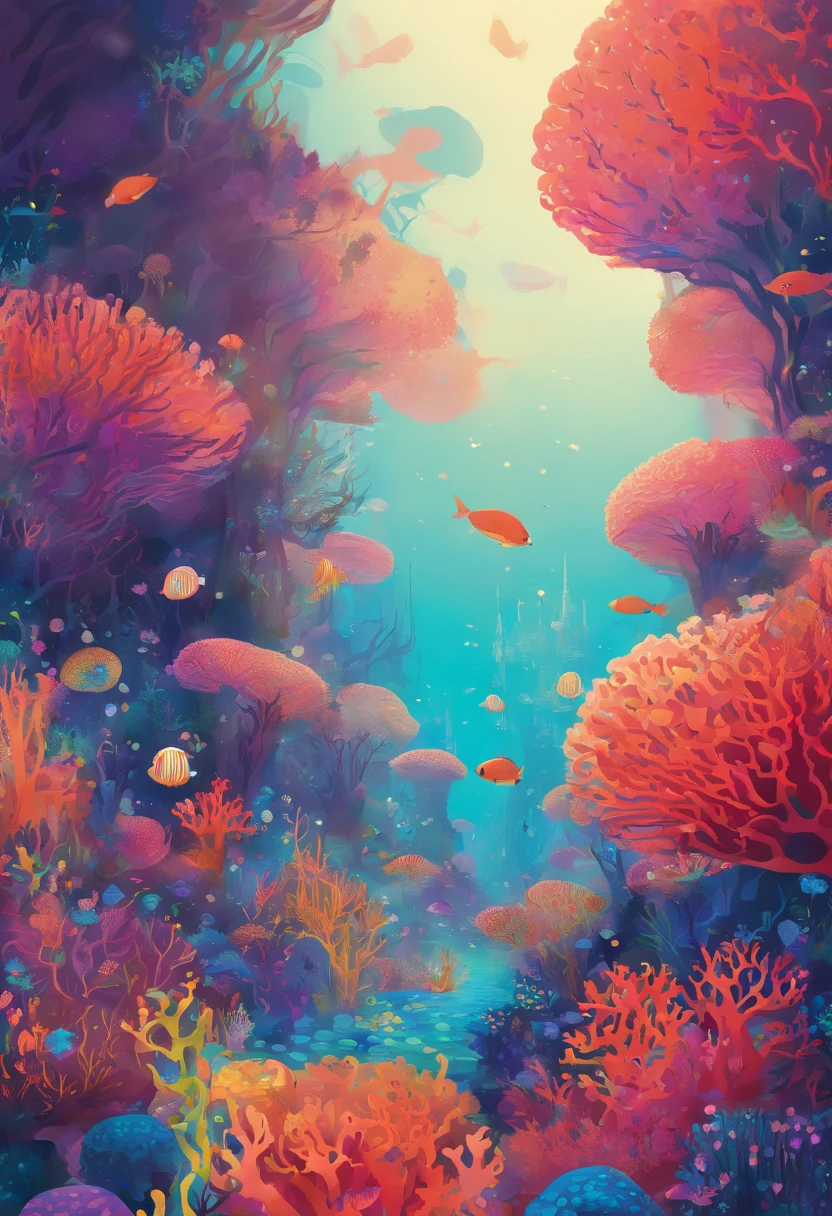 Colorful coral reefs,Underwater Kingdom,Glowing underwater plants,Yayoi Kusama,Dreamy,Dreamlike scenery,tower
