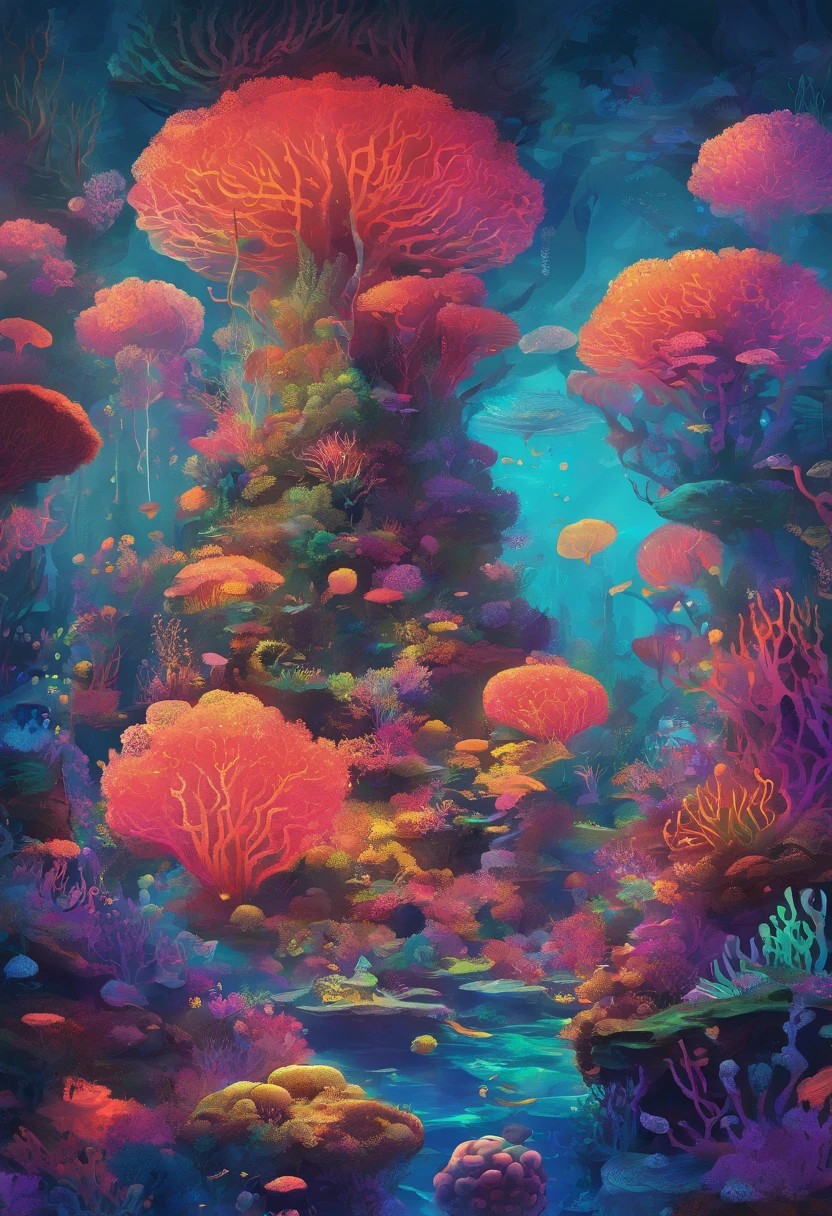 Colorful coral reefs，Underwater Kingdom，Glowing underwater plants，Yayoi Kusama，Dreamy，Dreamlike scenery，tower