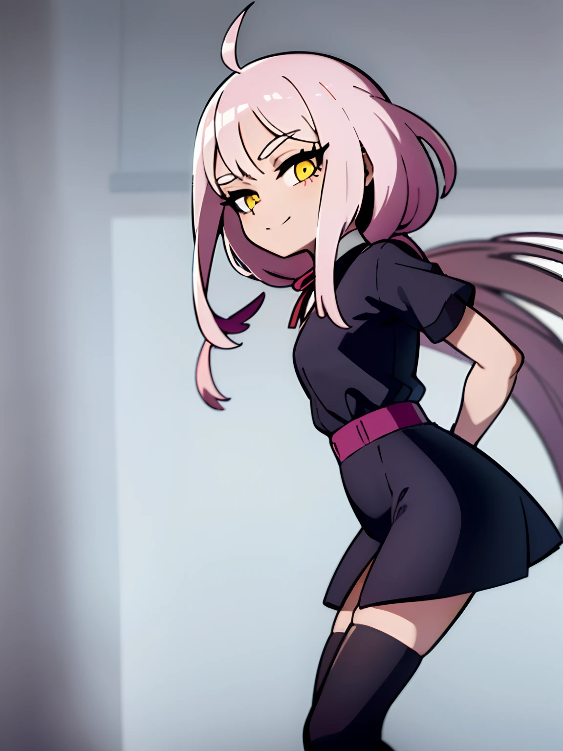 ((obra-prima, melhor qualidade)), (1girl), (solo), (foco feminino), (ahoge, cabelo roxo, cabelo longo), olhos rosa, sorriso leve, boca aberta, ((camisa rosa), (top curto ), , ((saia preta), (saia curta)), standingn, fundo branco, arms behind back, dinamic angle