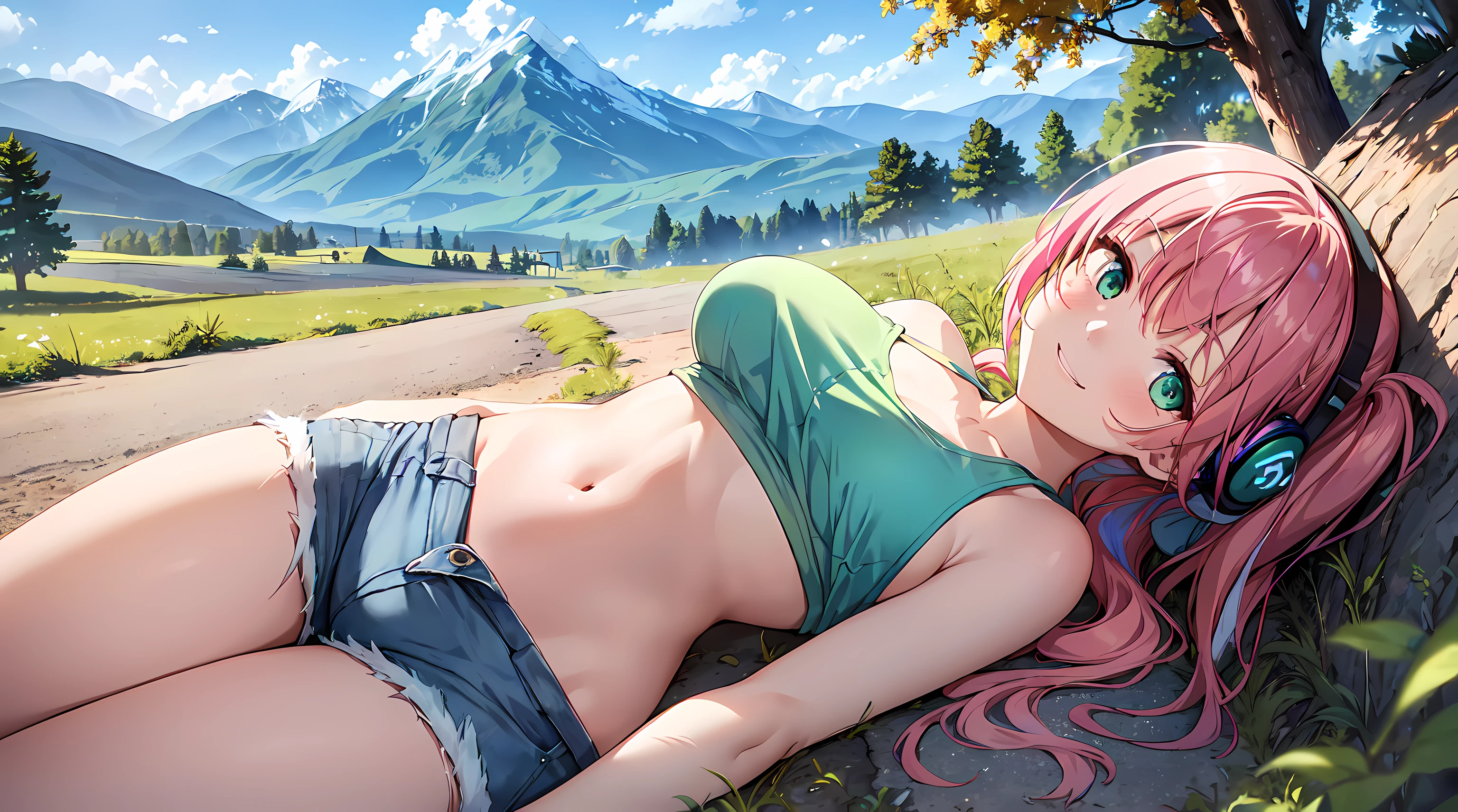 masterpiece, 1girl ((20year old, tank top exposes navel, blue Jean shorts, sneakers, medium breasts, multicolor pink hair, twin ponytails, green eyes, flirting, happy, big smile, looking forward, headphones, standing in the middleof a dirt road with mountains and trees in the background, fall season, natural and relaxing atmosphere)) ((solo)) ((low camera angle))