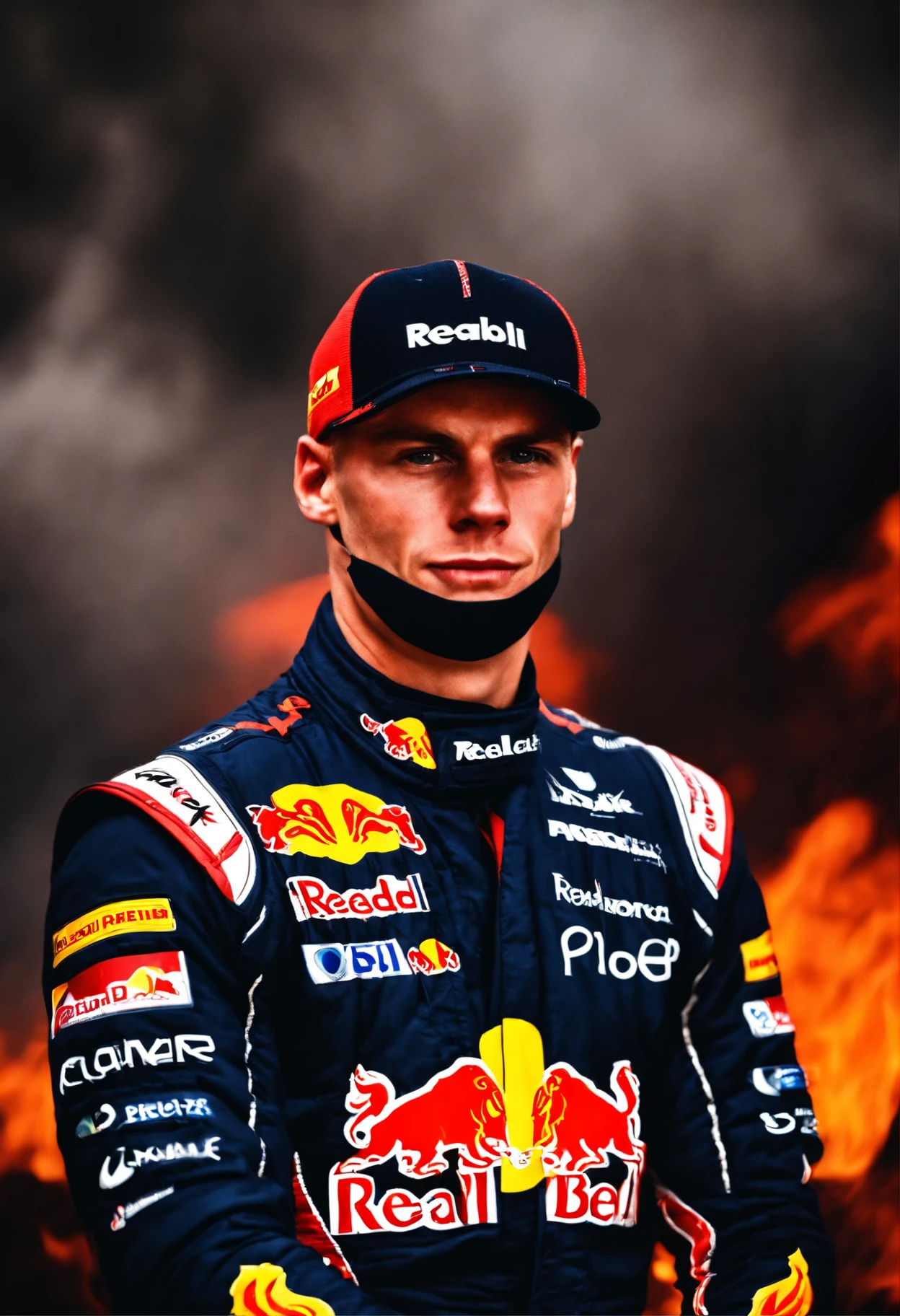 Max Verstappen, Realstic, Pilote de Formule Un, In Redbull Racing clothing, Portrait with face and shoulders, Formula 1 Background in Flames