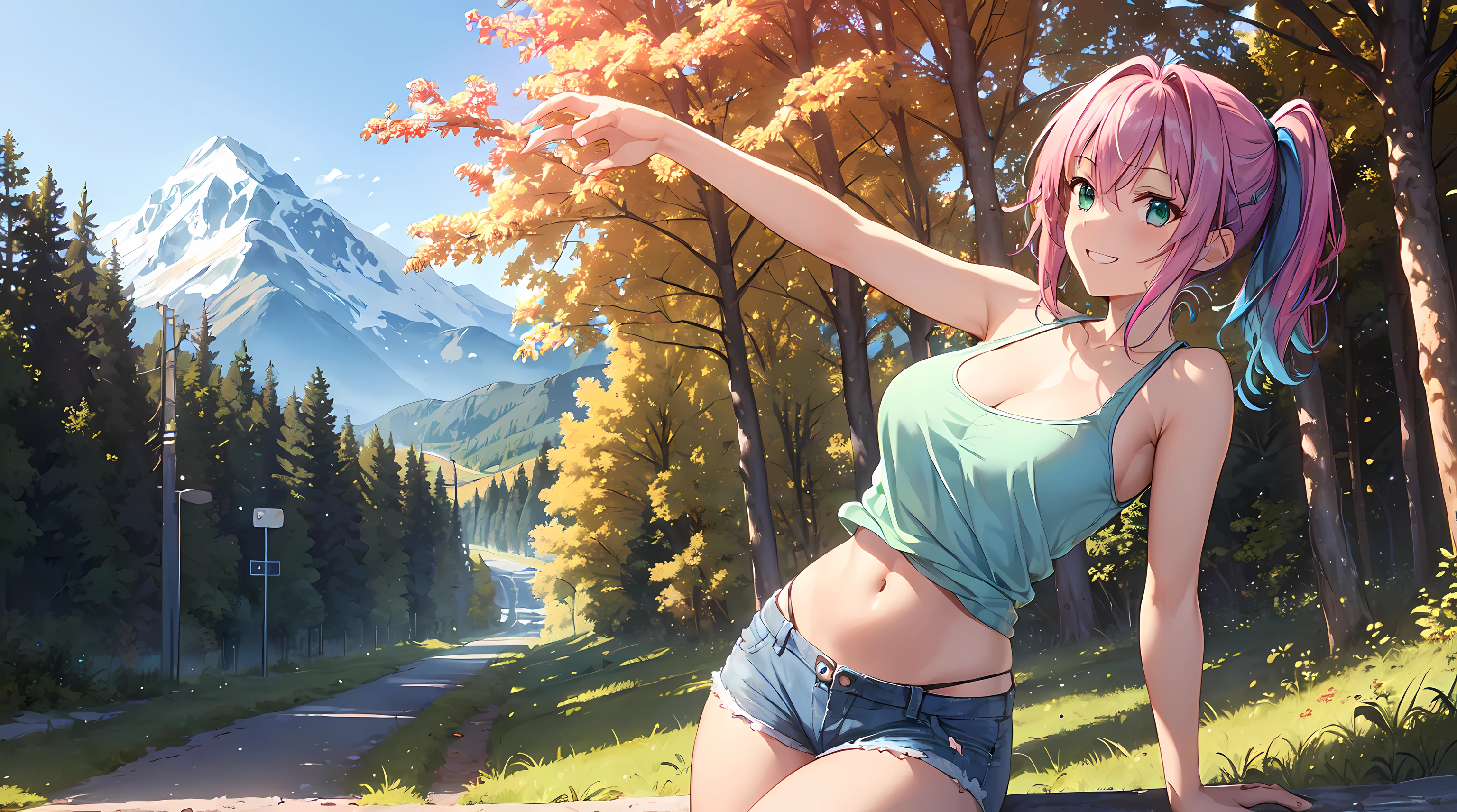 ​masterpiece, 1girl ((20year old, tank top exposes navel, blue Jean shorts, sneakers, medium breasts, multicolor pink hair, twin ponytails, green eyes, flirting, happy, big smile, looking forward, headphones, standing in the middleof a dirt road with mountains and trees in the background, fall season, natural and relaxing atmosphere)) ((solo)) ((low camera angle))