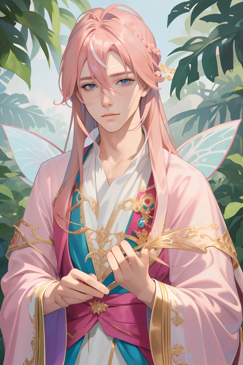nsfw,tmasterpiece,Need,super-fine,Semi-realistic,Meticulous facial features,1boy,Pink hair,long whitr hair,blueneyes,Wearing exquisite fairy costumes