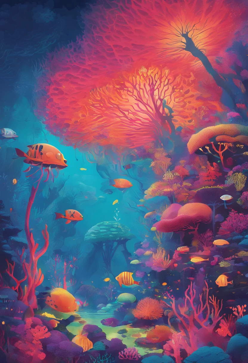 Colorful coral reefs,Underwater Kingdom,Glowing underwater plants,Yayoi Kusama,Dreamy,Dreamlike scenery,Tower