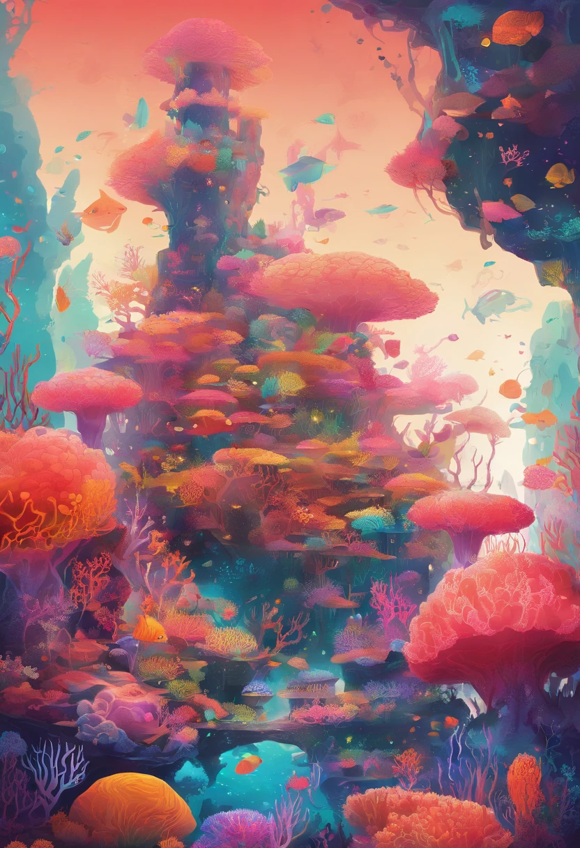 Colorful coral reefs,Underwater Kingdom,Glowing underwater plants,Yayoi Kusama,Dreamy,Dreamlike scenery,borgar,tower