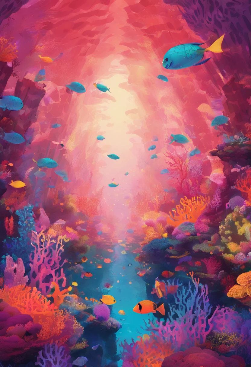 Colorful coral reefs，Underwater Kingdom，Glowing underwater plants，Yayoi Kusama，Dreamy，Dreamlike scenery，borgar，tower