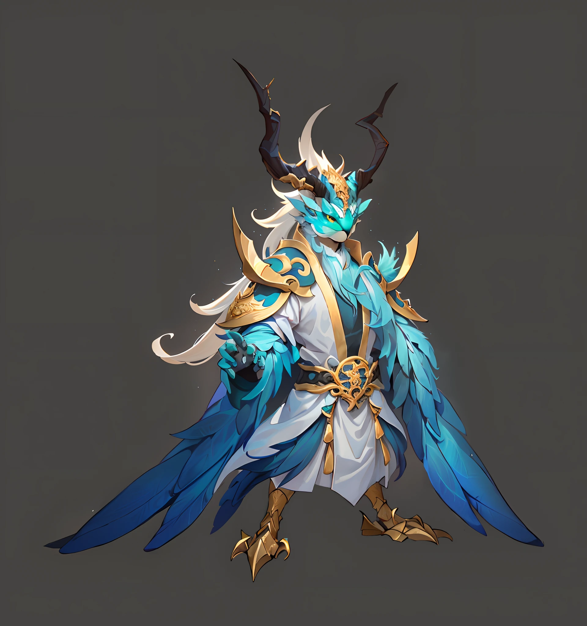 (anthropomorphic turtle),oriental mythology,game character setting,male people,独奏,((Bird head)),The human body,(Hands and paws 1.5),Bird's claw,(The feet are the paws of the bird1.5),The head has a pair of long dendritic horns,Wearing a green robe,long white hair,with black background,simplebackground
