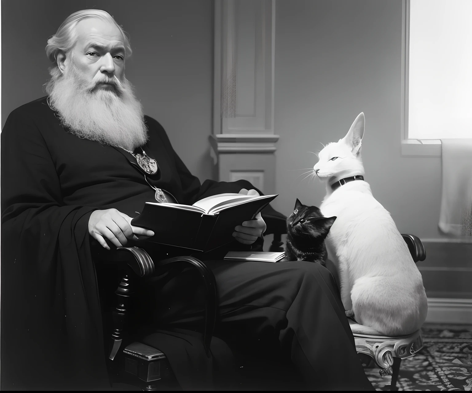 arafed man sitting in a chair with a cat on his lap, freud lucian, portrait of sigmund freud, thomas eakins and beksinski, real picture, chris van allsburg, aleister crowley, aleister crowley with baphomet, victorian era, the white rabbit, albert bierstadt and artgerm, by Robert Adamson