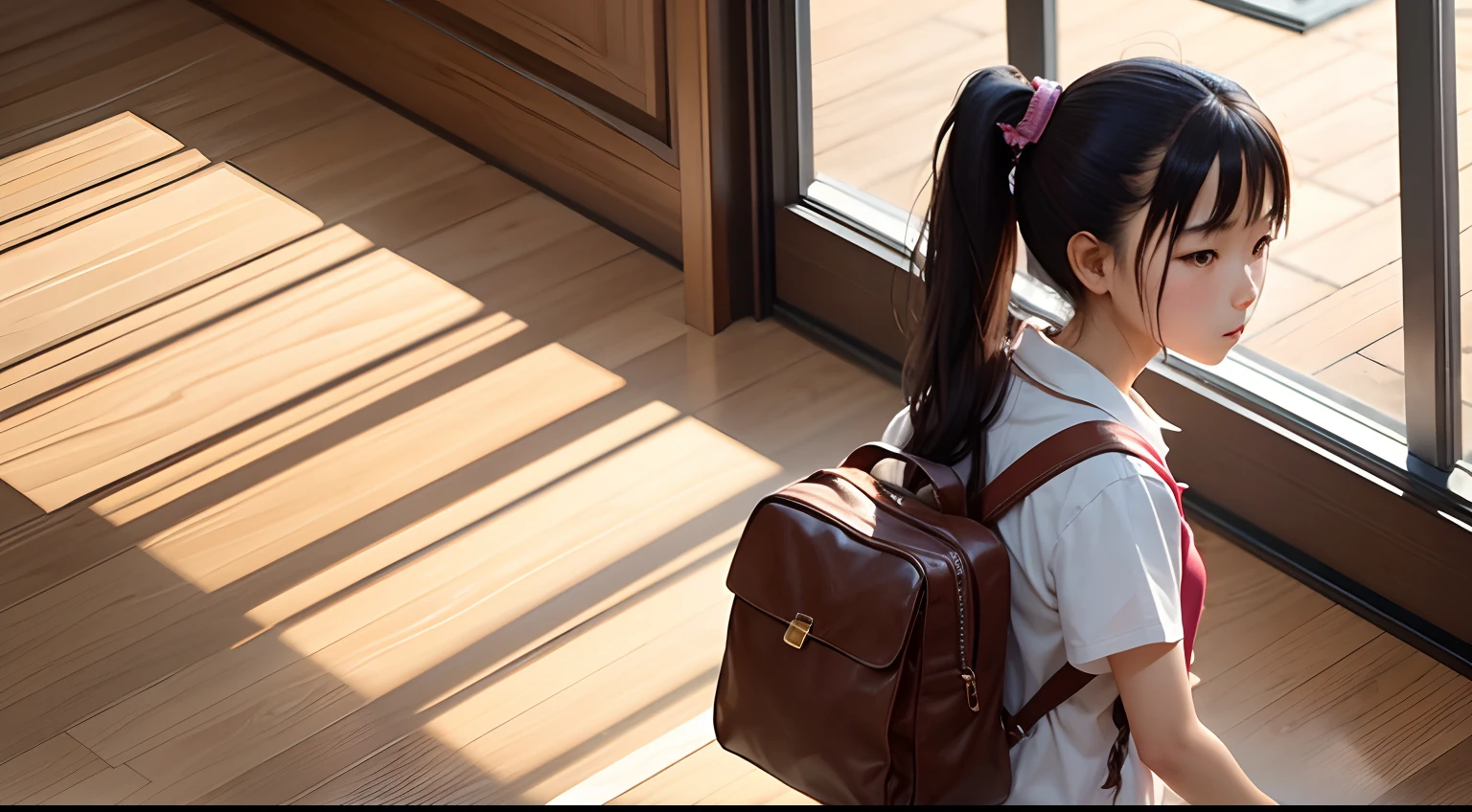 17-year-old Chinese girl,Long brown ponytail,Carrying a school bag,Poured on the wooden floor