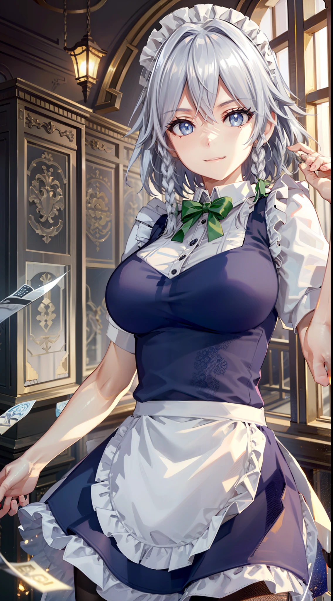 (Unity 16K Wallpaper, masutepiece, Best Quality, Ultra-detailed, extremely details CG, Cinematic lighting, Detailed, Beautiful detailed eyes, Solo),超A high resolution,Fine skin,A sexy,maid, maid apronl, Maid headdress,Knives,teasing smile,From below,Throwing knives,Floating hair, Wind, Indoors,