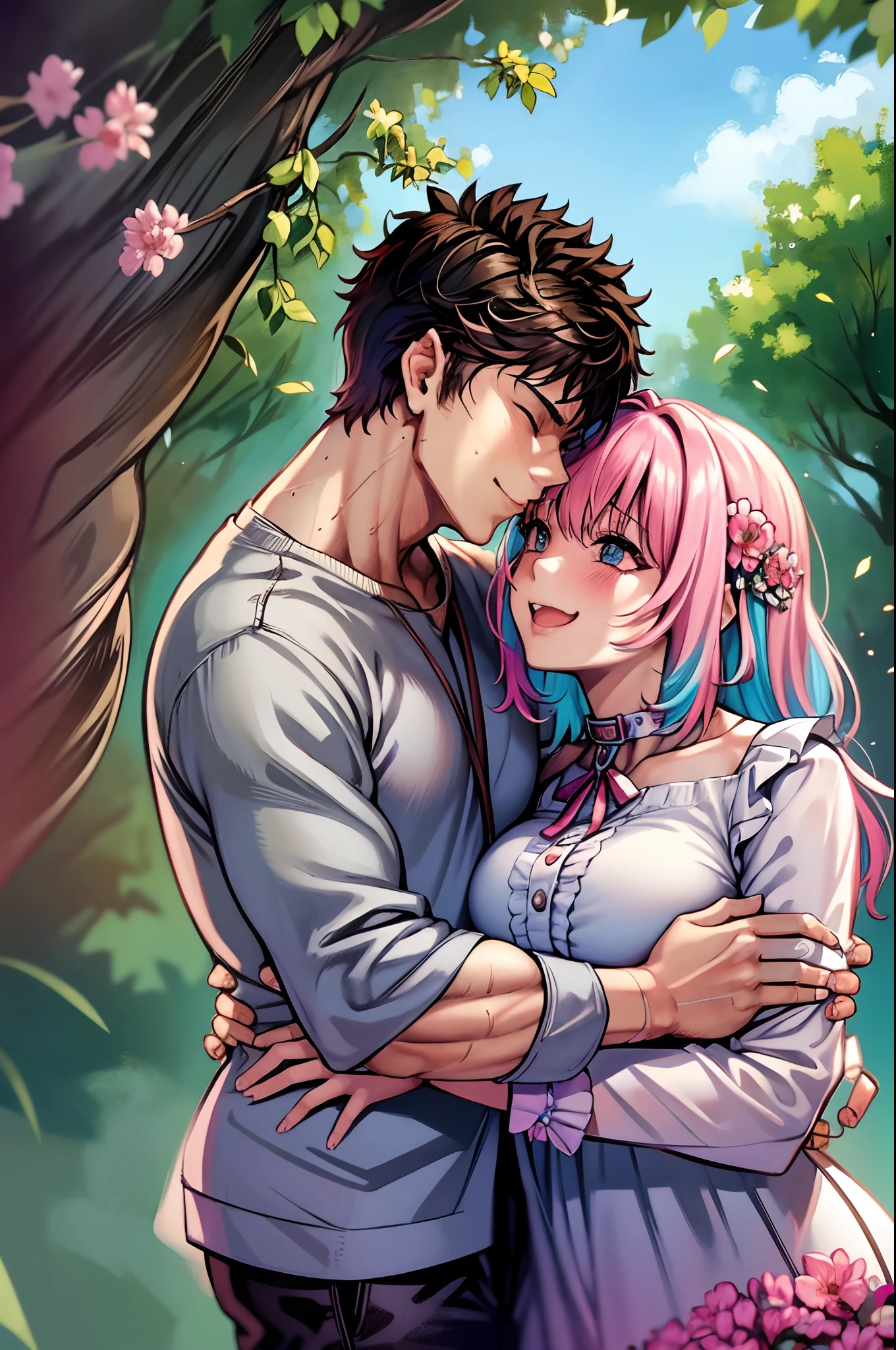 (ultra-detailed, highres, 1.37), (HDR, vivid colors), couple in love, riamu and guts, a beautiful sunny day in the park, husband and wife enjoying a romantic picnic under a shady tree. The couple's affectionate gestures and loving smiles create a heartwarming atmosphere. The sunlight softly illuminates their faces, highlighting their beautiful eyes and joyful expressions. The composition captures a tender moment as the husband leans in to plant a gentle kiss on his wife's cheek. The scene is filled with happiness and love, with colorful flowers in full bloom and a gentle breeze rustling the leaves. The vibrant colors and realistic details bring the image to life, creating a stunning masterpiece that perfectly captures the essence of a blissful couple's love and affection.