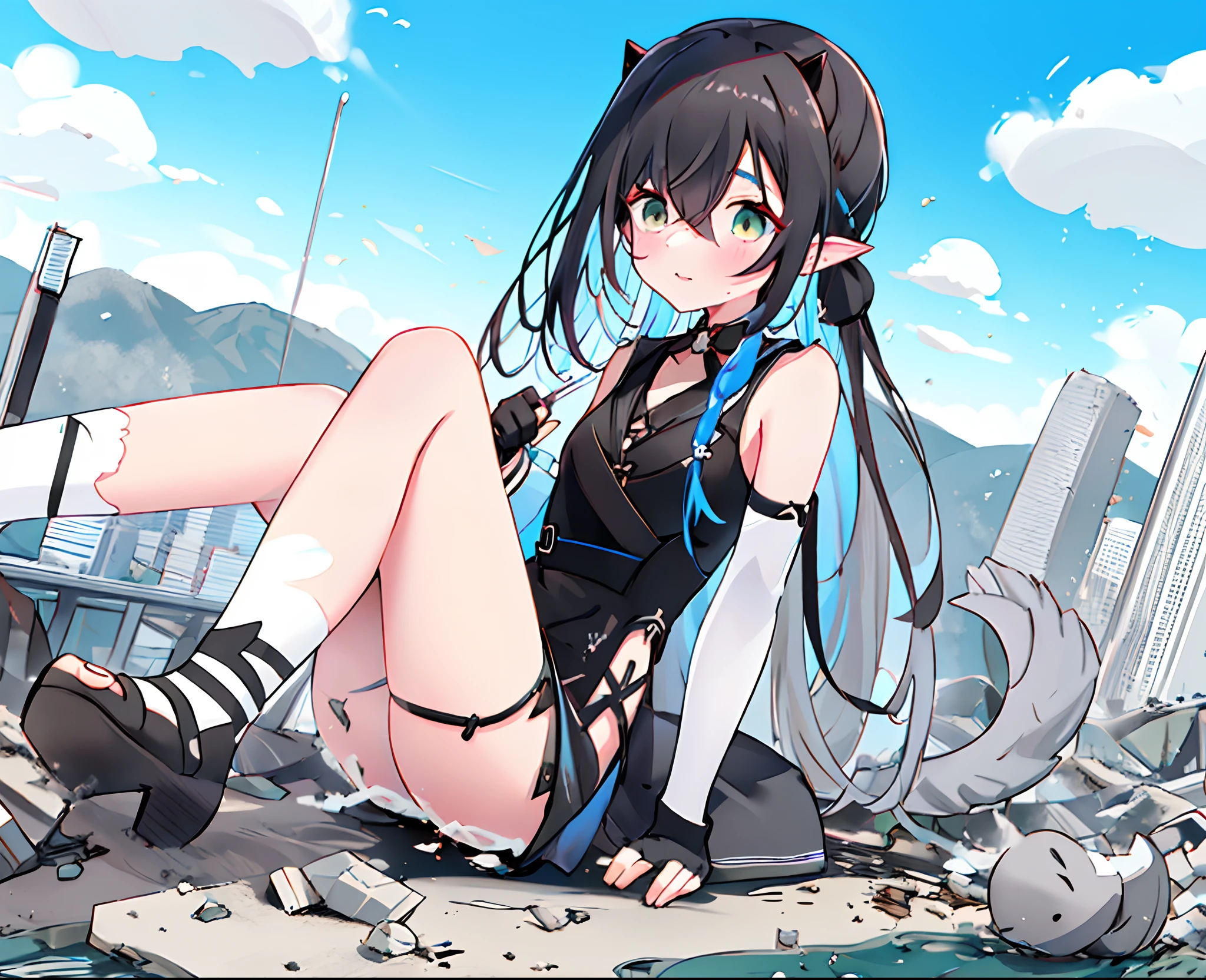 ((Masterpiece,Best quality)), 4K, A high resolution,1girll,A giantess，Giantess， City of Miniature，Small lake， Destroyed buildings, Solo, full bodyesbian, Black dress, Elbow gloves, Fingerless gloves, Sleeveless, Horns, Tail, thigh band, Sitting, Outdoors,