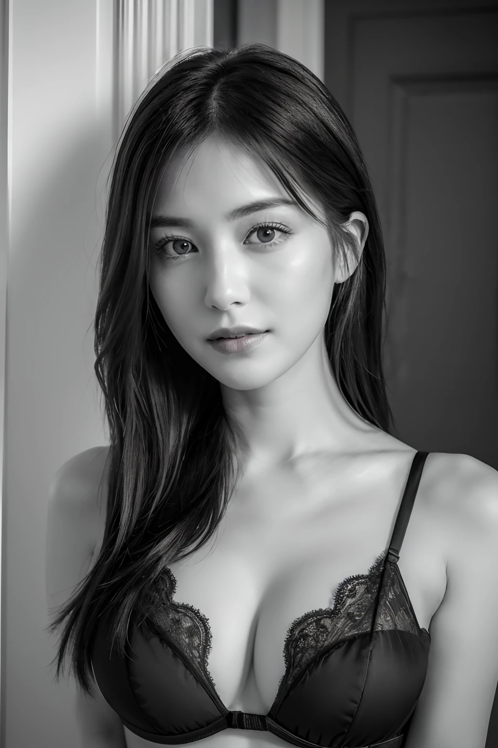 8k wallpaper, top-quality, ​masterpiece, realisitic, Photorealsitic, ultra-detailliert, RAW photo of a 29-year-old woman, (((Monochrome photography))), 1girl in, ((Facing the front)), Look at viewers, well-shaped small breasts, Detailed clavicle, sexy underwear, bust-up photography, bilaterally symmetrical, ((Only the lips are vermilion)), face perfect, straight haired