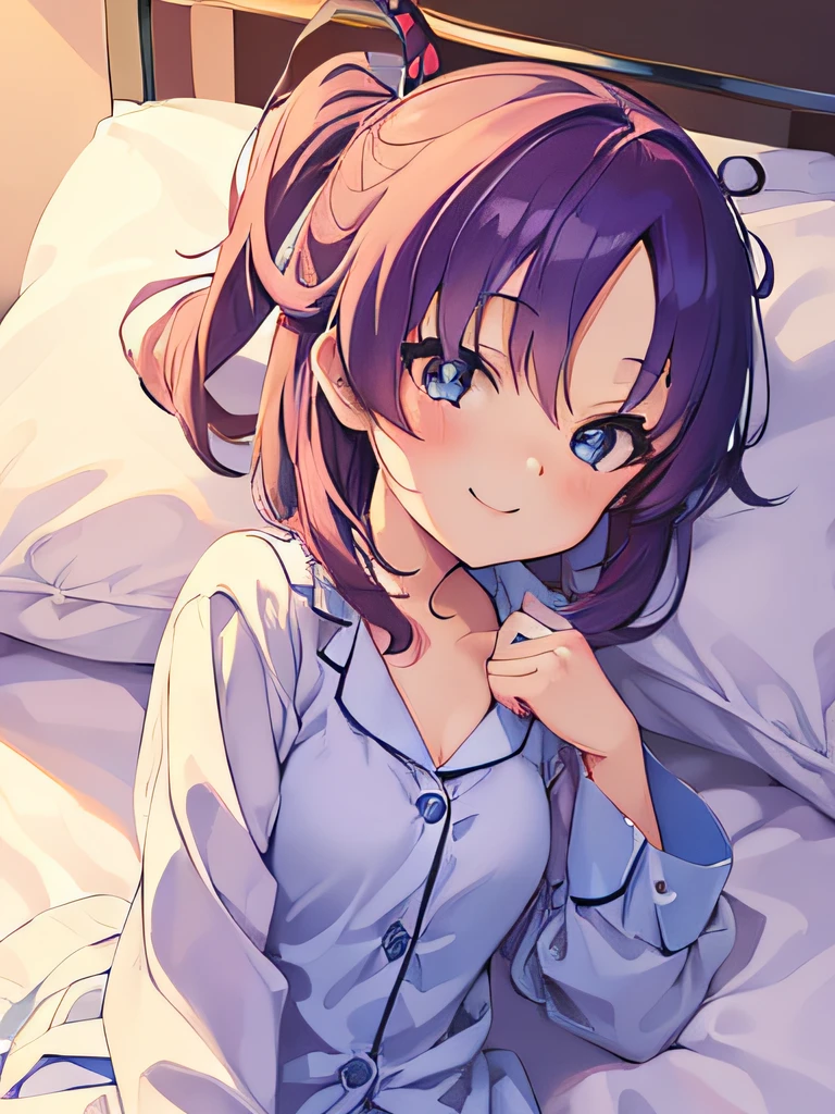 ((masutepiece)), ((Best Quality)), (Ultra-detailed), Anime style, on the bed, Cut s, 1girl in, Solo, Pajamas 00, ((Beautiful eyes)), Smile