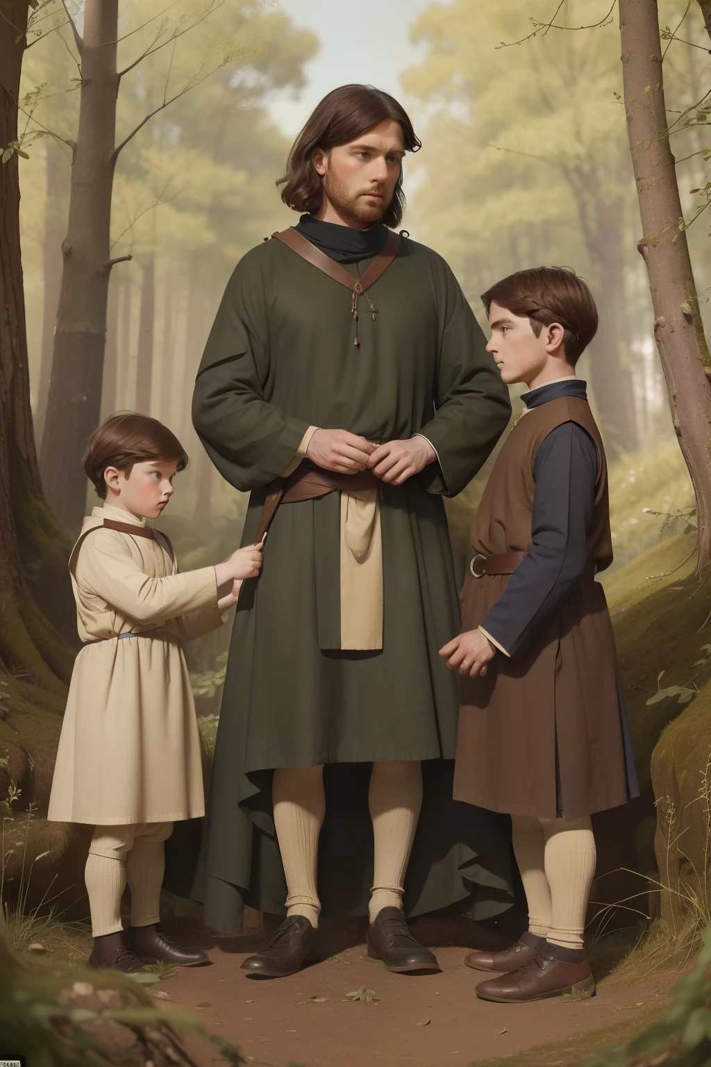 Year: 11th century. Location: Kilmarnock, Scotland. Pre-raphaelite scene with a 33-year-old english man, physician, with ((two sons)), ((8 and 9-year-old boys)), gathering herbs in a scottish forest, ((((11th century plain tunic)))) ((11th century hairstyle)), (((cinematic style)))