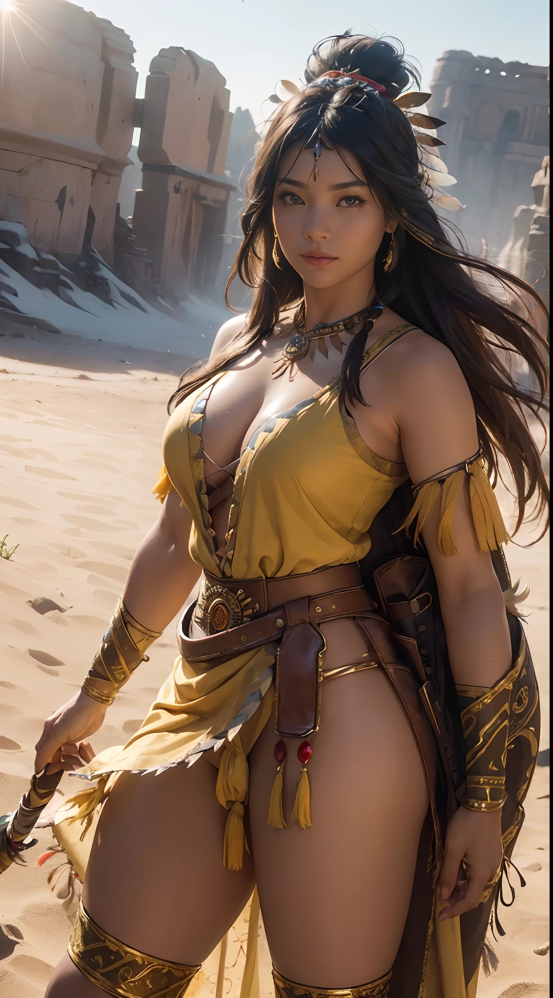 ((masterpiece)), ((best quality)), ((highres)), extremely detailed)), ((1 girl as Pocahontas)), full body, Native American woman, beautiful woman shot from front view, Big breast, (super realistic), (peerless beauty), detailed skin texture, detailed cloth texture, beautiful detailed face, intricate details, ultra detailed, indigenes feather jewelry, feather headdress, ((traditional yellow handmade dress)) ((armed female hunter warrior)), on desert, (dynamic pose), (random angles), smile, look at the viewer, ultra realistic, concept art, elegant, ((intricate)), ((highly detailed)), depth of field, ((professionally color graded)), soft ambient lighting, dusk, (Best quality, A high resolution, Photorealistic, primitive, 8K,Masterpiece, ),Best quality, Masterpiec8K.hdr. High ribs:1.2, filmgrain, Blur bokeh:1.2, Lens flare, (vivd colour:1.2), (Delicate),