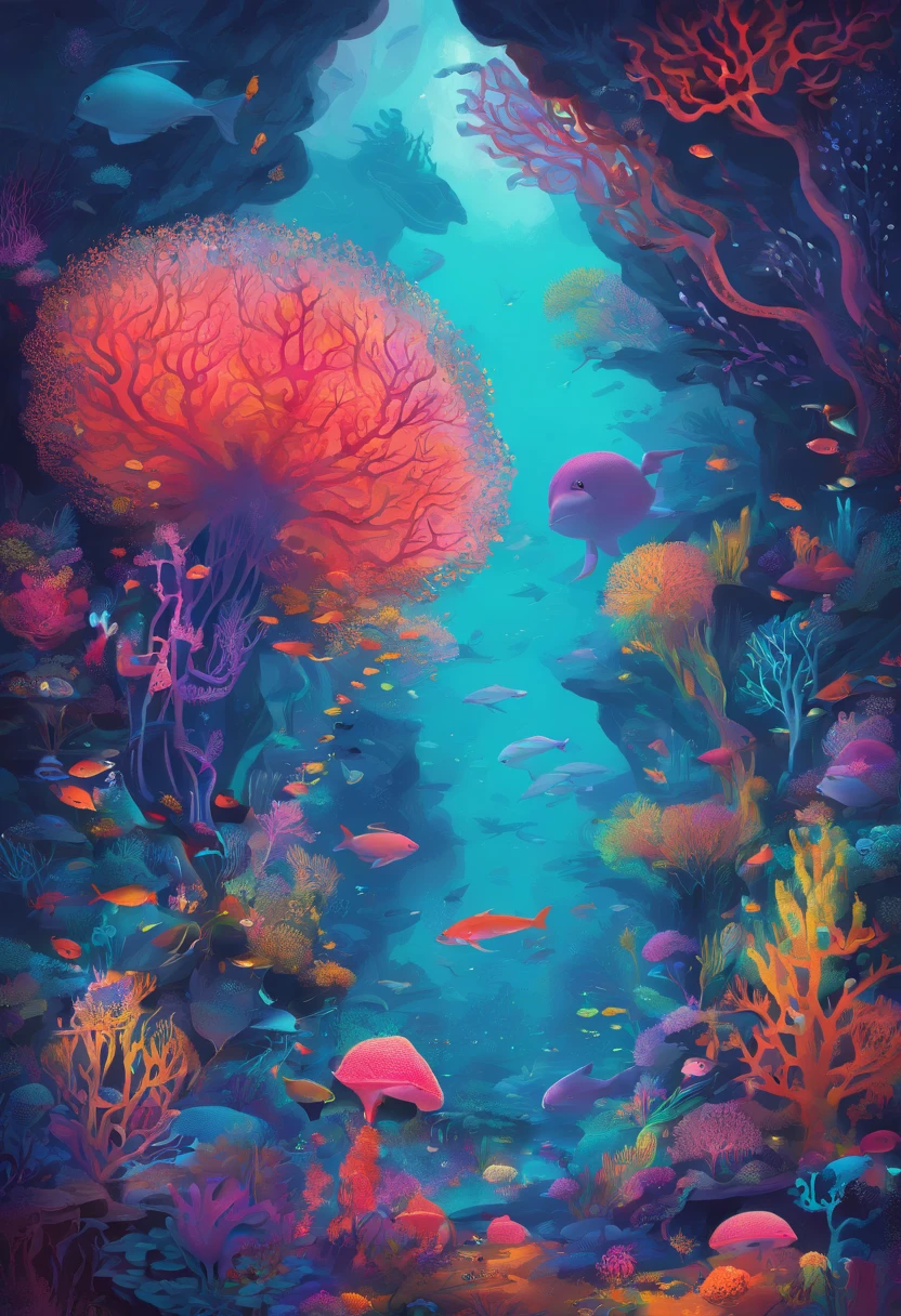 Colorful coral reefs，Underwater Kingdom，Glowing underwater plants，Yayoi Kusama，Dreamy，Dreamlike scenery，an octopus，the shark
