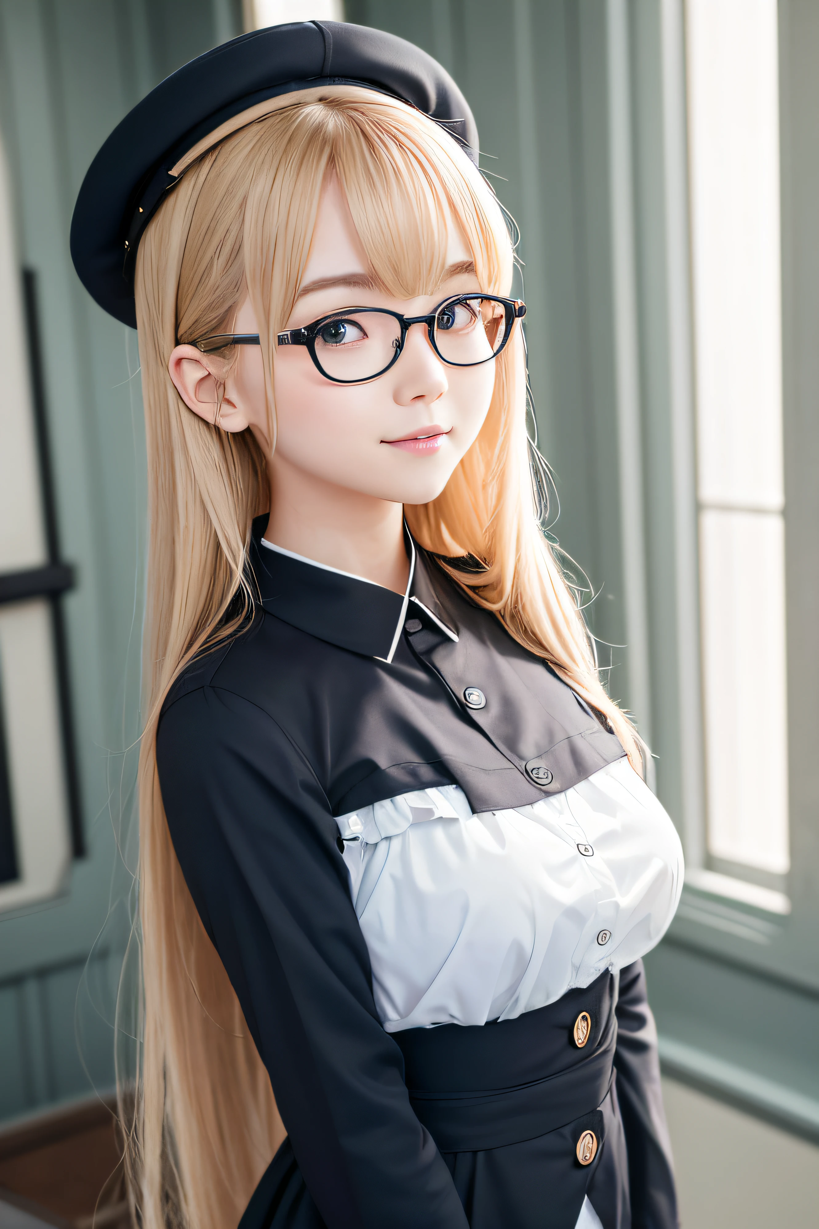 1girl in、jpn、Daytime、A sly smile、The upper part of the body、a closeup、Raw photography、top-quality、kawaii、masterpiece、realisitic、Photorealsitic、The fountain、imagem 4k、Black Uniform、Super long hair、blondehair、small tits、wears glasses、Blue eyes、Water droplets