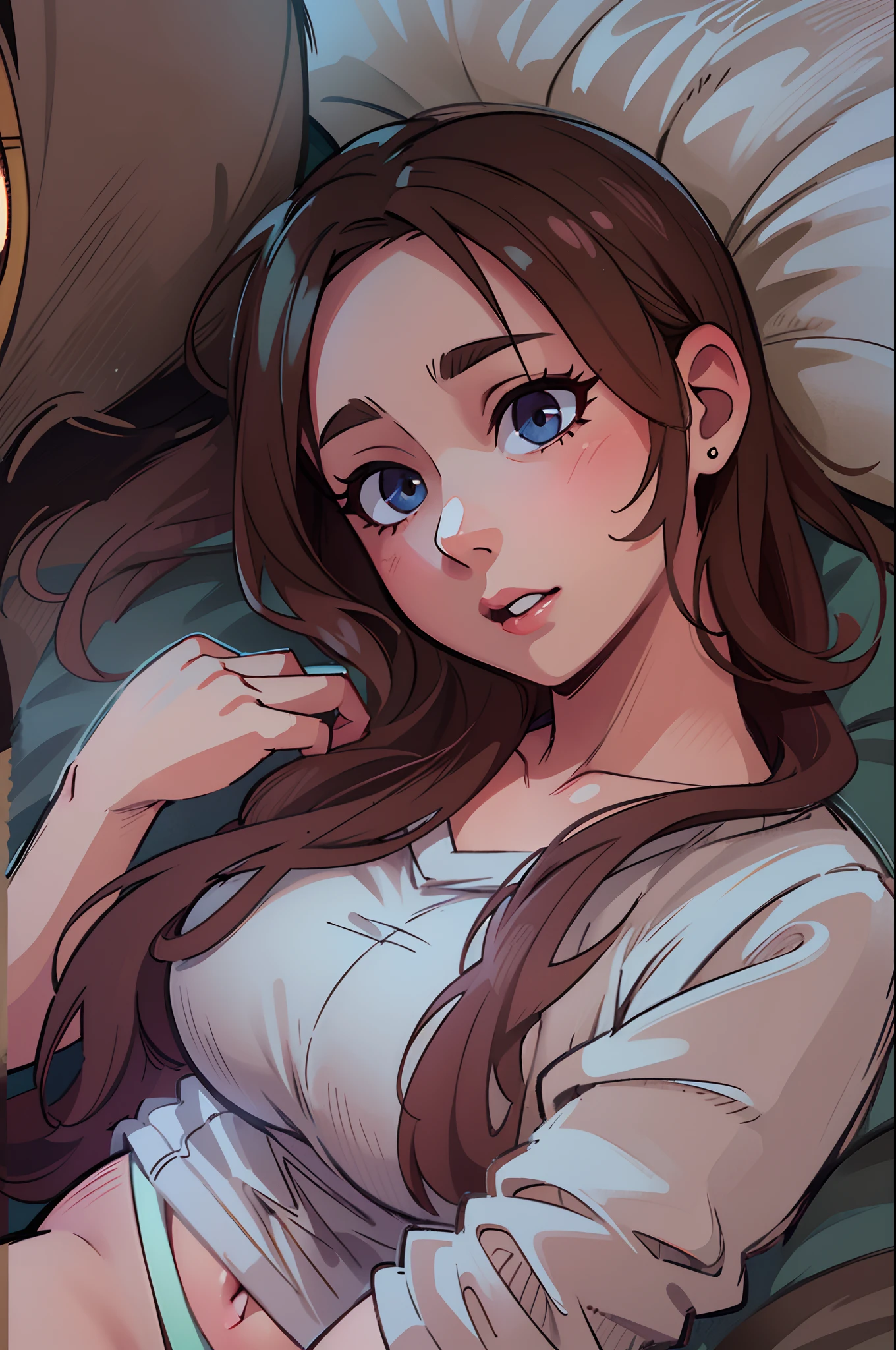 masterpiece, best quality, newest, absurdres, highres, ndoors, night, closed mouth, 1girl, solo, brown eyes, long hair, brown hair, braid, arm tattoo, nightgown, on side, lying, pov, bed, looking at viewer, smile
<lora:gowfreya_Illustrious-000007:1>