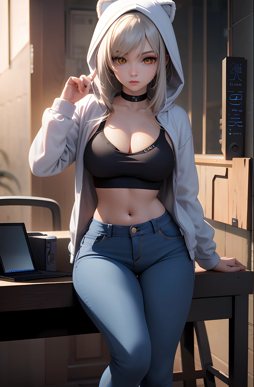 chica anime con una sudadera con capucha y jeans posando para una foto, pose casual, seductora chica de anime, Cuerpo perfecto sombreado realista, Estilo realista de anime 3D, Render fotorrealista de Anime Girl, Chica perfecta de pelo blanco, Atractiva chica de anime, Chica de anime cyberpunk con sudadera con capucha, Anime 3D realista, realistic anime artstyle, Usar ropa casual, Hermosa y seductora mujer de anime, Arte de anime digital