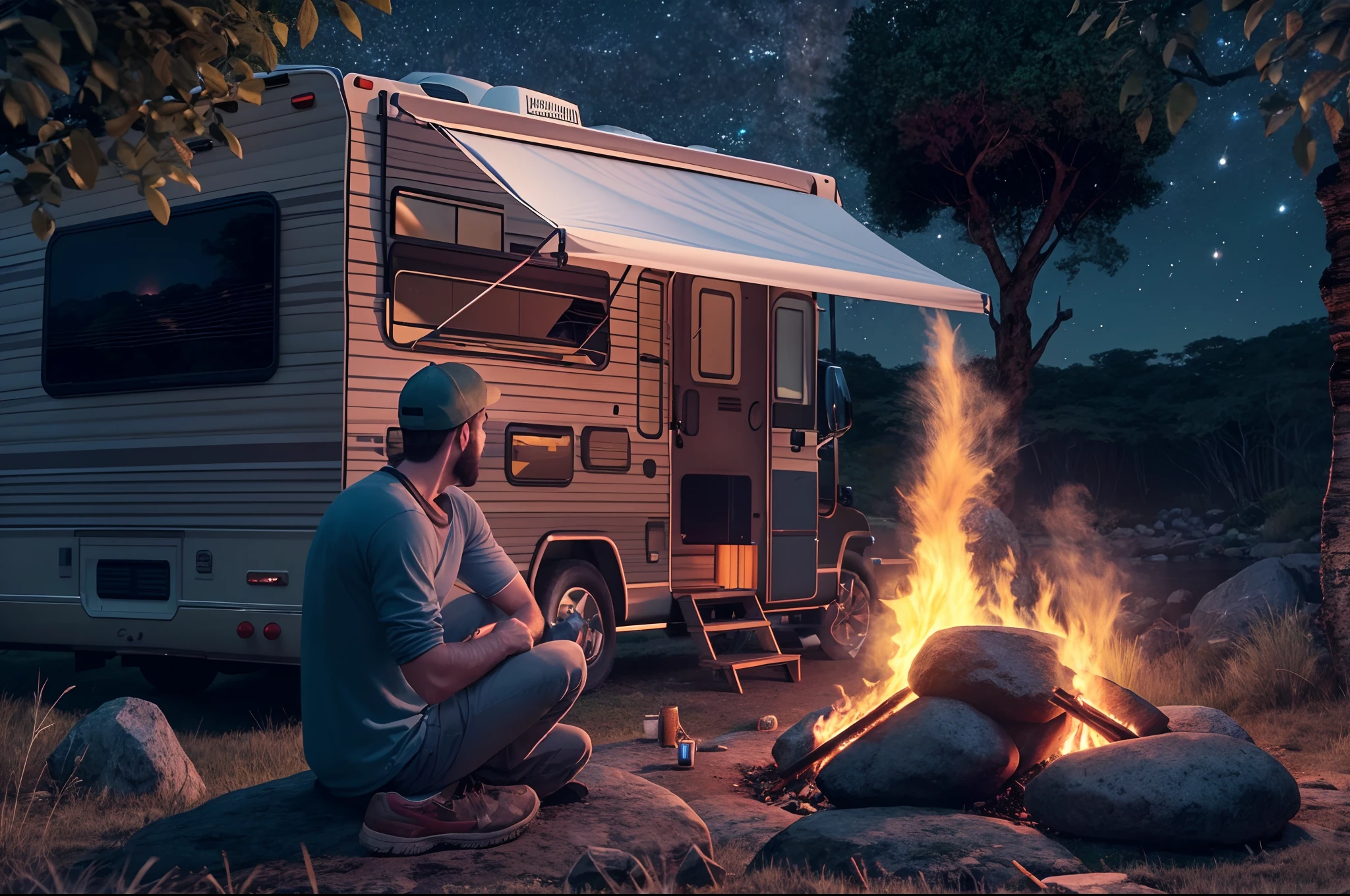 There was a man in Jungle sit on the stone, around the bonfire, night sky, camping, RV Motor home parked in background, night view, best quality graphics, 24K UHD, 3D animation, small waterfall, landscape