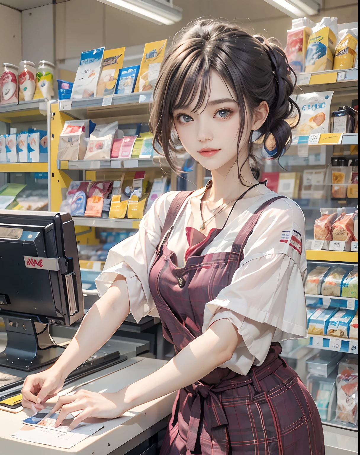 masutepiece、hight resolution、The convenience store of the future、Convenience store clerk、30-year-old girl、1Girl clerk、Looking at the camera、smil、Finish as shown in the photo、Cash register and beauty、the skin is white and beautiful、hair is short and beautiful、inner colored、Hair should be tied back、