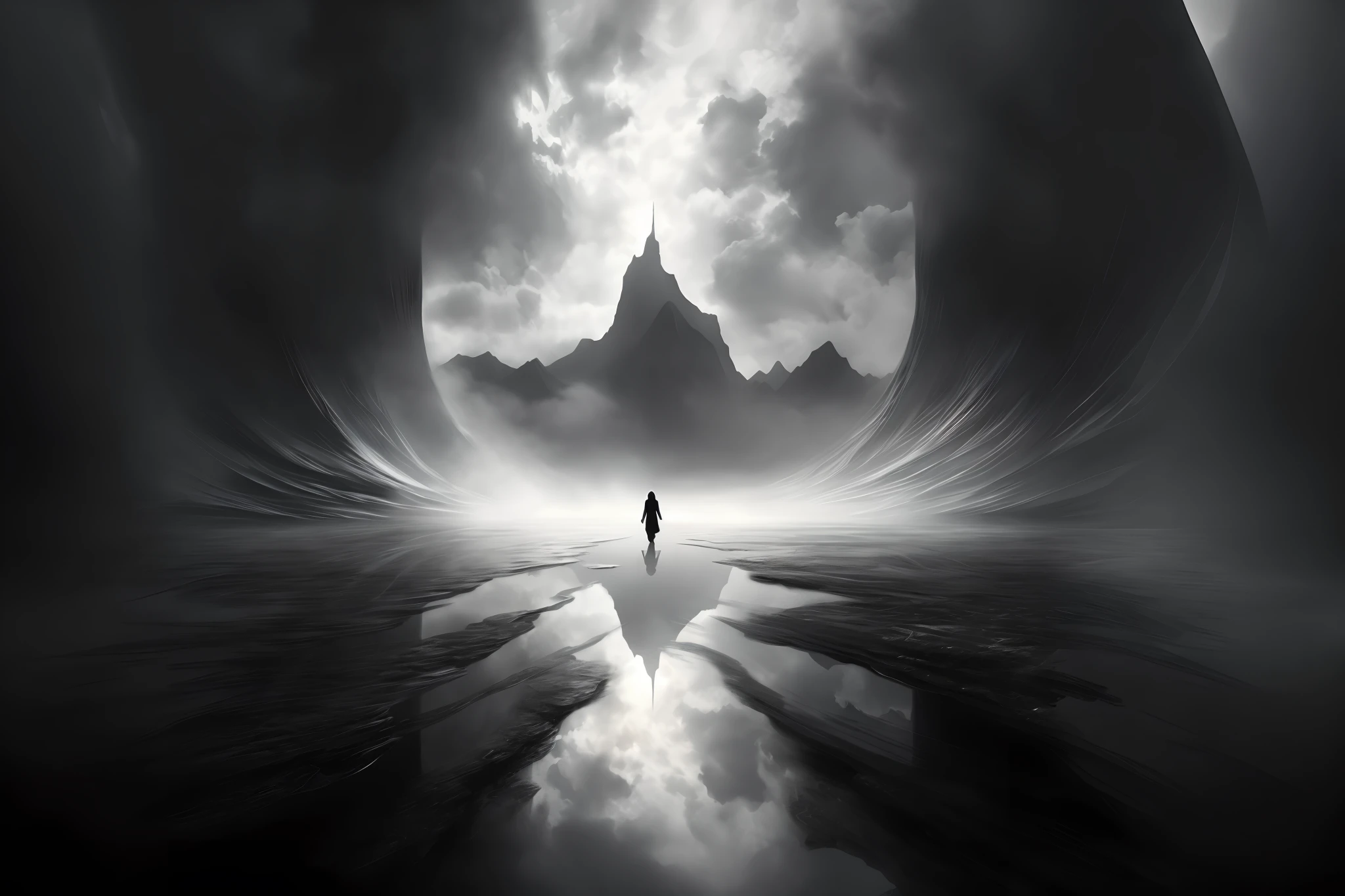 Bild einer Person, die an einem Strand mit einem Berg im Hintergrund spazieren geht, Marc Adamus, Black and White Matte Painting, Weitwinkel-Fantasy-Kunst, Epische, traumhafte Fantasy-Landschaft, Surrealismus 8K, Dramatische Konzeptkunst, An ominous fantasy illustration, Dunkle, aber detaillierte digitale Kunst, Symmetrische epische Fantasy-Kunst, inspiriert von Christopher Balaskas, surreal dark fantasy