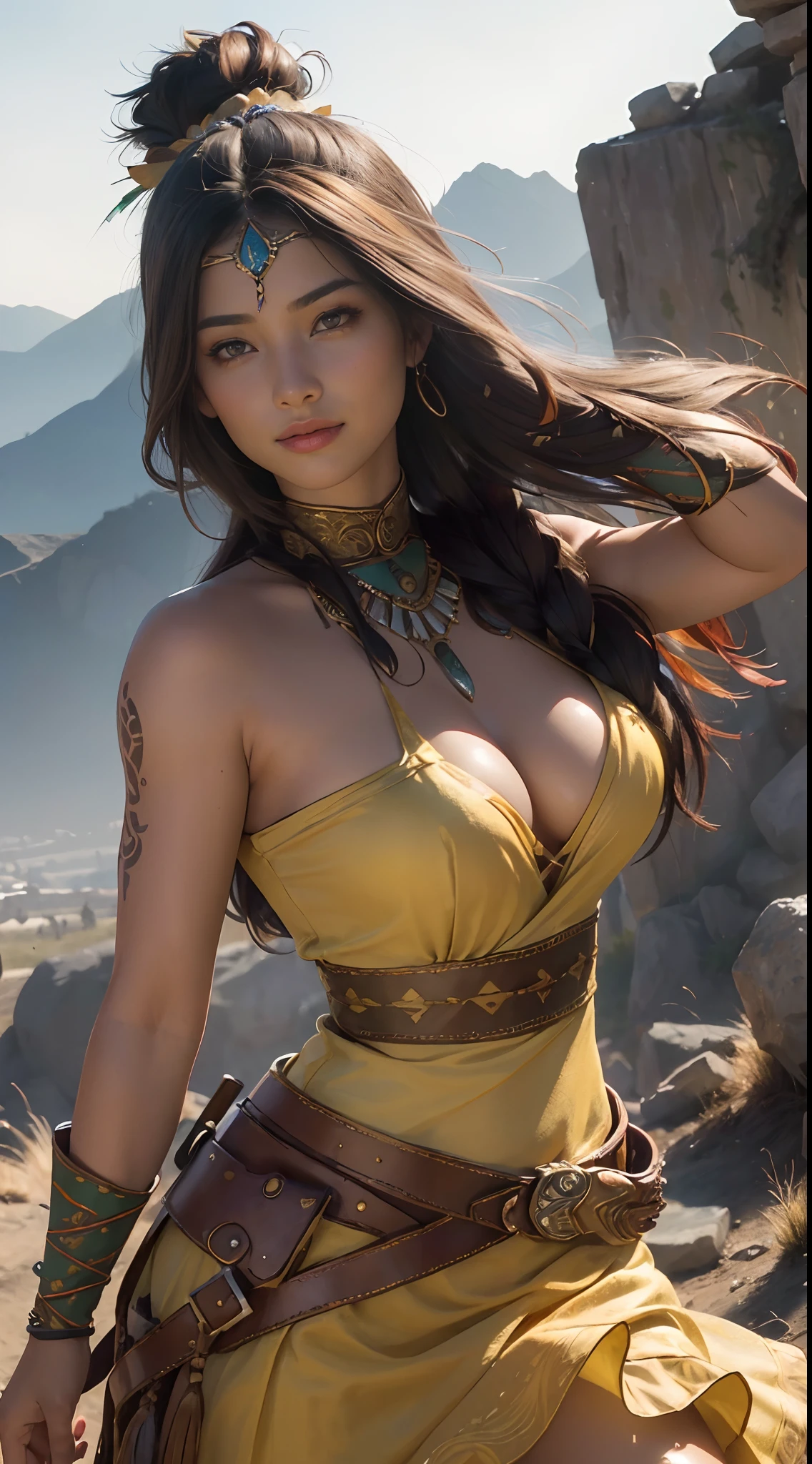 ((masterpiece)), ((best quality)), ((highres)), extremely detailed)), ((1 girl as Pocahontas)), full body,  Native American woman, beautiful woman shot from front view, Big breast, (super realistic), (peerless beauty), detailed skin texture, detailed cloth texture, beautiful detailed face, intricate details, ultra detailed, indigenes feather jewelry, feather headdress, ((traditional yellow handmade dress)) ((armed female hunter warrior)), on desert, (dynamic pose), (random angles), smile, look at the viewer, ultra realistic, concept art, elegant, ((intricate)), ((highly detailed)), depth of field, ((professionally color graded)), soft ambient lighting, dusk, (Best quality, A high resolution, Photorealistic, primitive, 8K,Masterpiece, ),Best quality, Masterpiec8K.hdr. High ribs:1.2, filmgrain, Blur bokeh:1.2, Lens flare, (vivd colour:1.2), (Delicate),