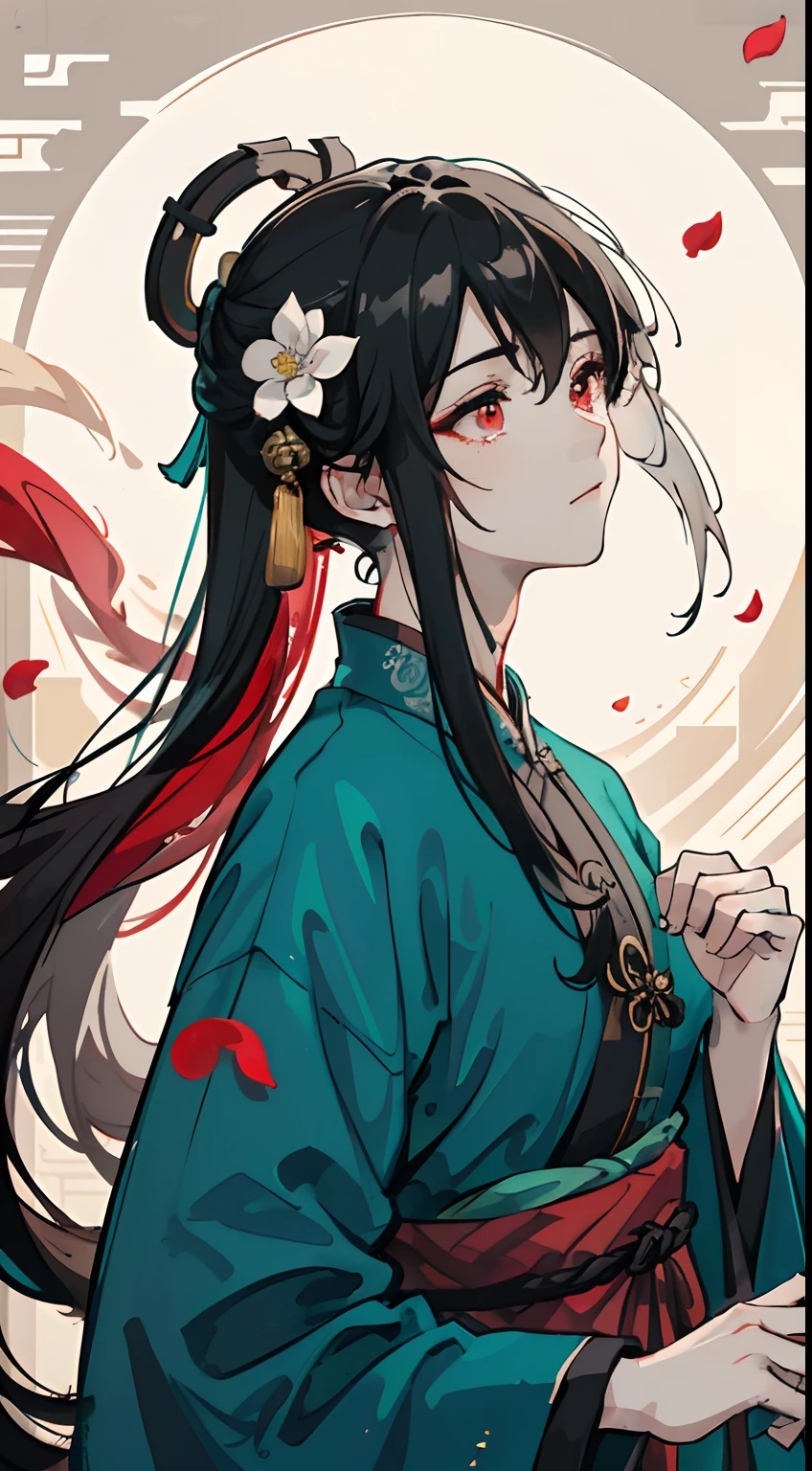 Mature boy, dark-red eyes, black-white hair color, floating hair, delicate and flexible eyes,perfect hands, intricate damask hanfu, side view, fov, f/1.8, masterpiece, ancient Chinese architecture, teal, flower petals flying, front portrait shot, Chang'e, side lighting, sunlight on people, 8K
