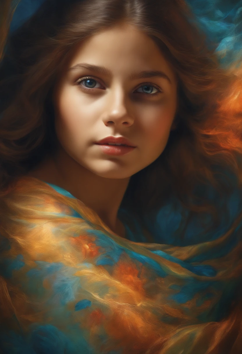 Realistic image of an adult woman appearing the image of a child inside her symbolizing the inner child