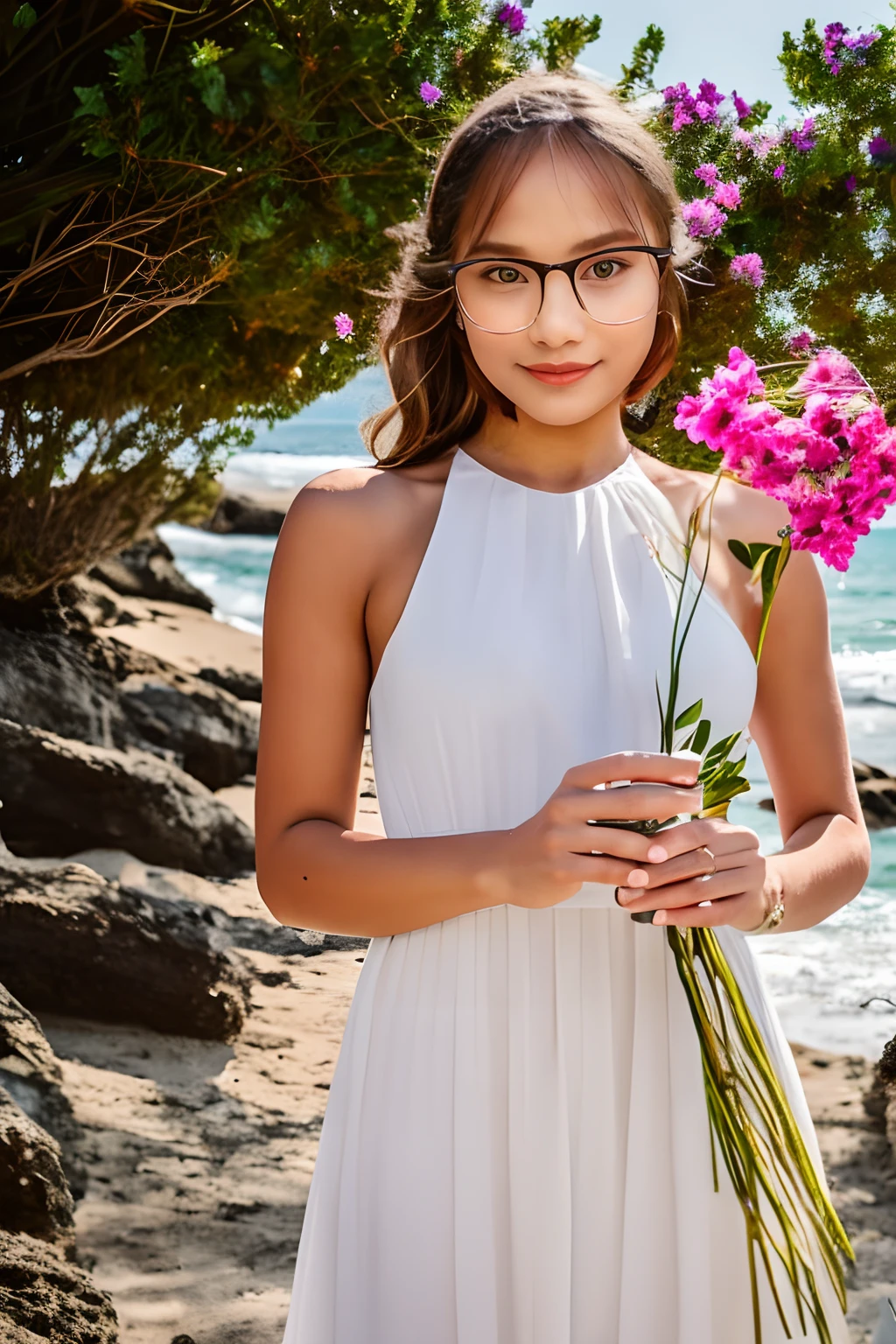Wear a dress. Standing by the beach holding flowers.