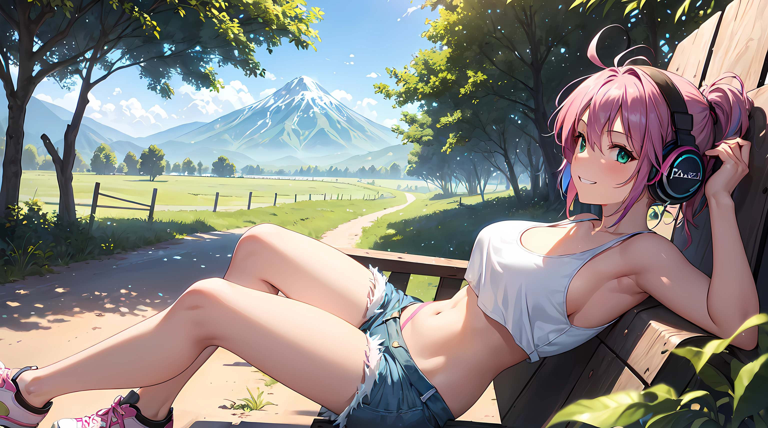 masterpiece, 1girl ((20year old, tank top exposes navel, blue Jean shorts, sneakers, medium breasts, multicolor pink hair, twin ponytails, green eyes, flirting, happy, big smile, looking forward, headphones, sitting on an old pickup truck in the middle of a dirt road with mountains and trees in the background, fall season, natural and relaxing atmosphere)) ((solo))